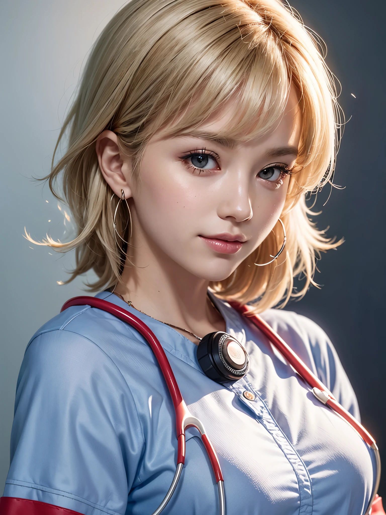 《concept art》。（（（Virtual character design：Heart doctor，Hypnotist，Broadcast host，female，20 years old，white short hair，fluffy hair，Exquisite facial features，Beautiful makeup，Skin details，Smile）））。（（White technological nurse uniform））。((Super realistic details)), illumination, shadow and light, octane rendering, 8k, Super sharp,Metal,complex, Accessories details,Atmosphere