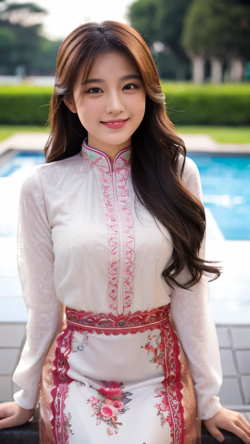 (best quality, ultra-high resolution, real, photorealistic:1.2, 8K), BREAK, a japanese girl, (full body:1.4), BREAK, detailed hair, brown curly hair, hyper-detailed face, hyper-detailed skin, white skin, brown eyes, blushing cheeks, detailed red lips, smile, drunk, BREAK, detailed clothings, (Ao Dai:1.5, long sleeves, Vietnamese traditional clothings), BREAK, (in front of the fountain:1.3), BREAK, (looking at the camera:1.1, magic hour:1.1)