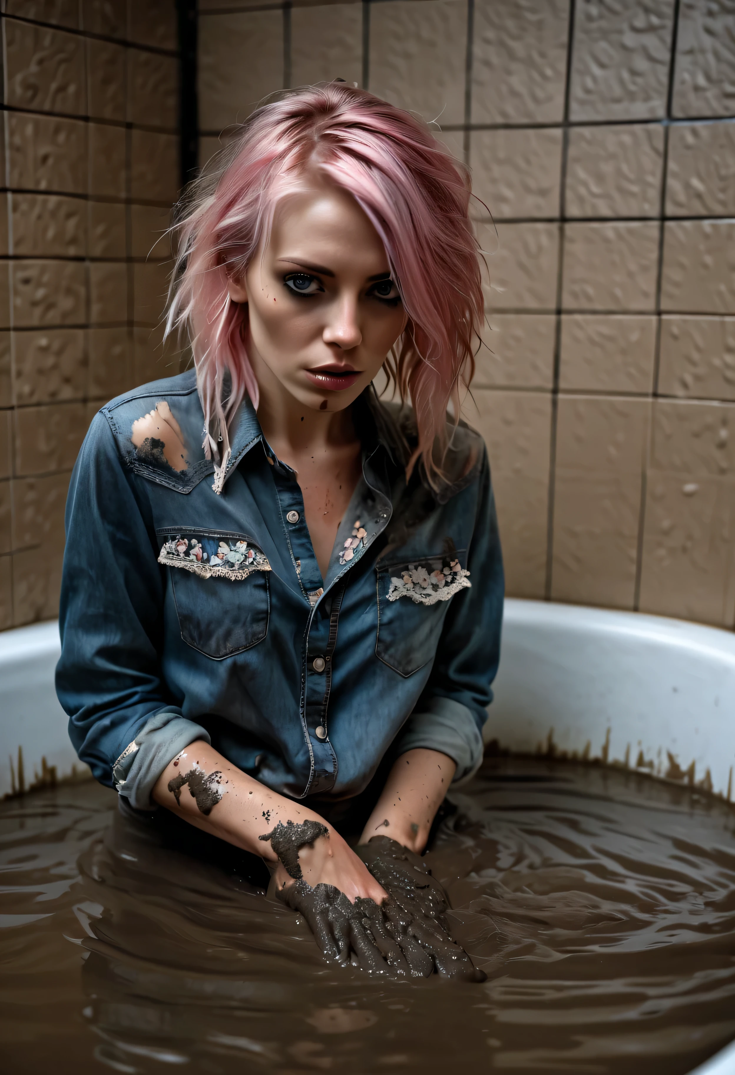 A young little billie eilish is sitting on the toilet in the bathroom smeared in mud completely naked, she is looking up at viewer and sticking out her tongue, kinky smile, naughty smile, open mouth, ahegao, smeared with mud, tongue out, blue eyes, 8k, best quality, detailed face, pale skin, freckles, blue hair, small butt, white skin, small breasts, small, skinny arms, skinny legs, white skin, very small breasts, long blue hair, very white skin, white skin, a lot of freckles on her face and body, very beautiful, orange freckles on her face, she is very shy, blushing, straight hair, she is smiling, open mouth, she is sticking her tongue out, view from above, she is looking up at viewer with her head tilted back, viewer is looking down at her, long tongue sticking out, she is crossing her eyes, ahegao, drooling from her tongue, mud all over her body and face, mud on her face, her body is smeared in mud, mud in her mouth, myd on her face, mud smeared on her mouth, mud in her mouth, she is eating mud, her face is covered in mud,