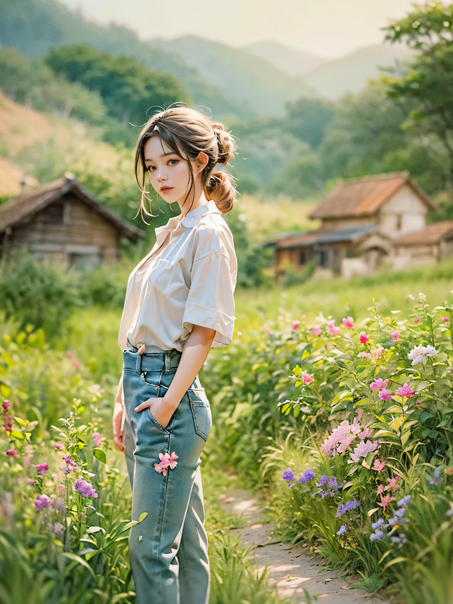 Imaginative thoughts on your dream girlfriend、Warm depiction，Envisioned as a dream lover and lifelong partner。She embodies the simplicity of Chinese rural girls、Industrious，Integrated with wisdom、Beautiful and hard-working character。This artistic depiction shows her in a rural setting，Exuding sweetness、Romantic atmosphere。((She wears simple denim overalls and a white shirt))，Reflecting her humble origins and down-to-earth character。Her facial features are gentle and beautiful，The expression is kind、Tempting。The background is a picturesque rural landscape，Rolling hills、Fields and traditional country houses，Adds a sweet rustic romantic charm。The overall style blends realism and idealized rural beauty，embodies the dreamlike、The Essence of a Cute Country Girl, (floral watercolor painting:1.5)，(Super high saturation, bright and vivid colors:1.5), (nsfw), (Look at the audience head-on:1.5)
