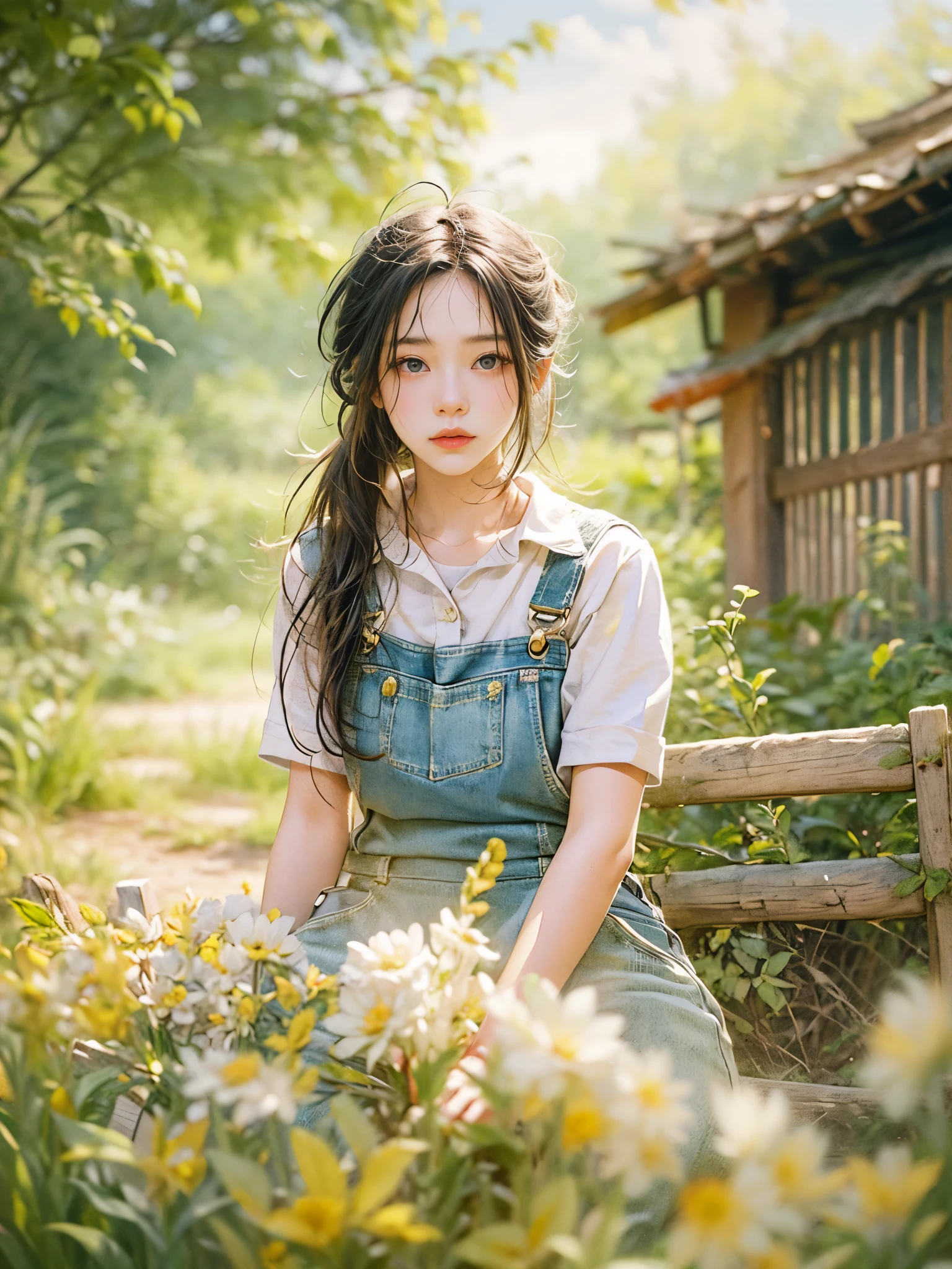 Imaginative thoughts on your dream girlfriend、Warm depiction,Envisioned as a dream lover and lifelong partner。She embodies the simplicity of Chinese rural girls、Industrious,Integrated with wisdom、Beautiful and hard-working character。This artistic depiction shows her in a rural setting,Exuding sweetness、Romantic atmosphere。((She wears simple denim overalls and a white shirt)),Reflecting her humble origins and down-to-earth character。Her facial features are gentle and beautiful,The expression is kind、Tempting。The background is a picturesque rural landscape,Rolling hills、Fields and traditional country houses,Adds a sweet rustic romantic charm。The overall style blends realism and idealized rural beauty,embodies the dreamlike、The Essence of a Cute Country Girl, (floral watercolor painting:1.5),(Super high saturation, bright and vivid colors:1.5), (nsfw), (Look at the audience head-on:1.5)