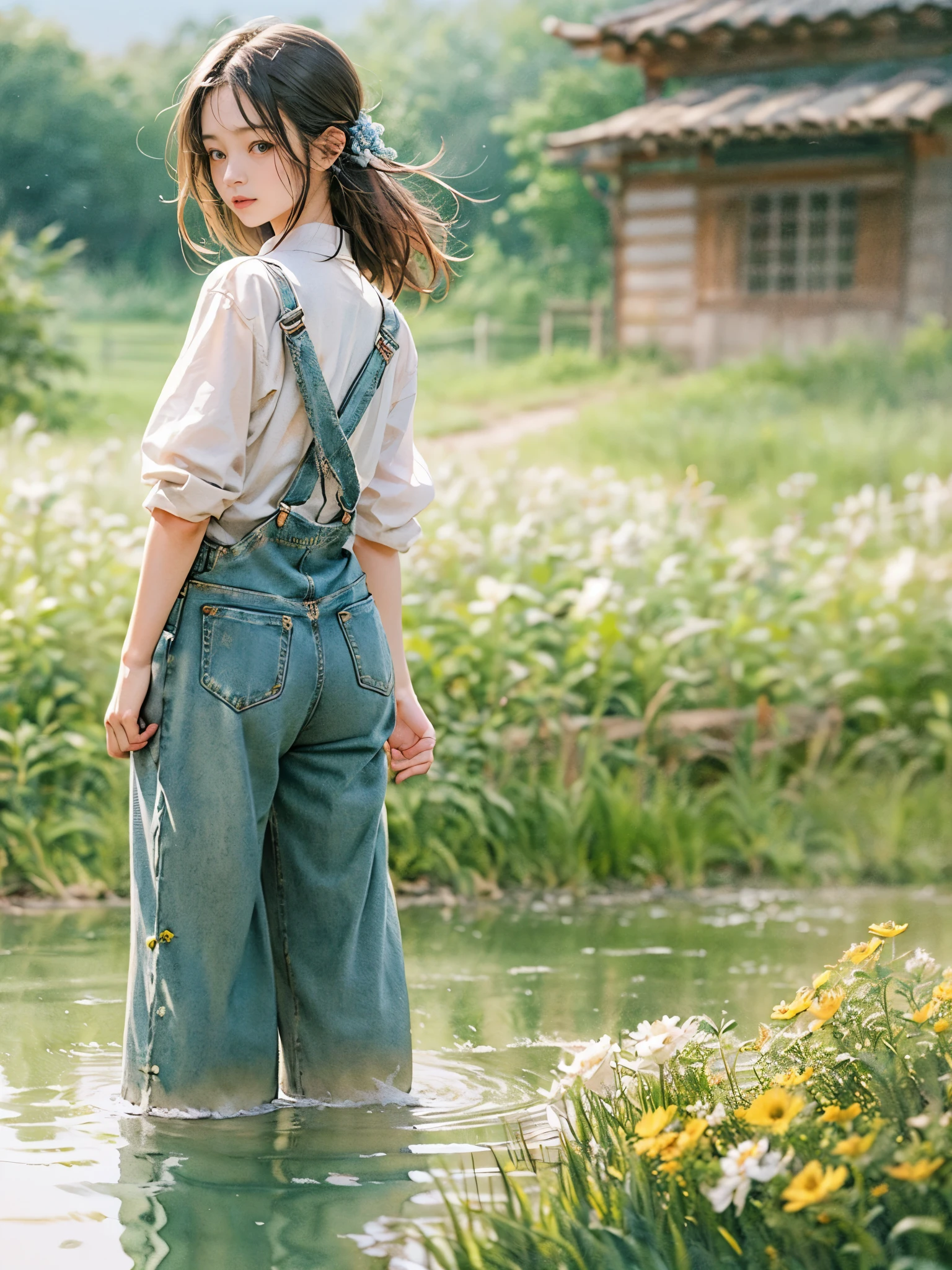 Imaginative thoughts on your dream girlfriend、Warm depiction，Envisioned as a dream lover and lifelong partner。She embodies the simplicity of Chinese rural girls、Industrious，Integrated with wisdom、Beautiful and hard-working character。This artistic depiction shows her in a rural setting，Exuding sweetness、Romantic atmosphere。((She wears simple denim overalls and a white shirt))，Reflecting her humble origins and down-to-earth character。Her facial features are gentle and beautiful，The expression is kind、Tempting。The background is a picturesque rural landscape，Rolling hills、Fields and traditional country houses，Adds a sweet rustic romantic charm。The overall style blends realism and idealized rural beauty，embodies the dreamlike、The Essence of a Cute Country Girl, (floral watercolor painting:1.5)，(Super high saturation, bright and vivid colors:1.5), (nsfw), (Look at the audience head-on:1.5)