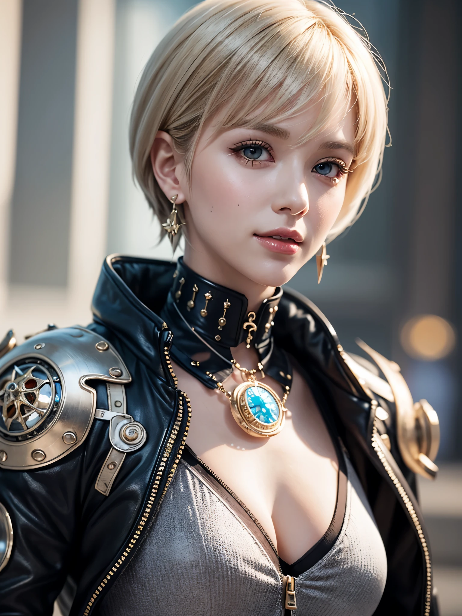 《concept art》。(((Virtual character design:Heart doctor,Hypnotist,Broadcast host,female,20 years old,white short hair,fluffy hair,Exquisite facial features,Beautiful makeup,Skin details,Smile)))。((Tech suit))。((Super realistic details)), illumination, shadow and light, octane rendering, 8k, Super sharp,Metal pocket watch earrings,complex, Accessories details,Atmosphere