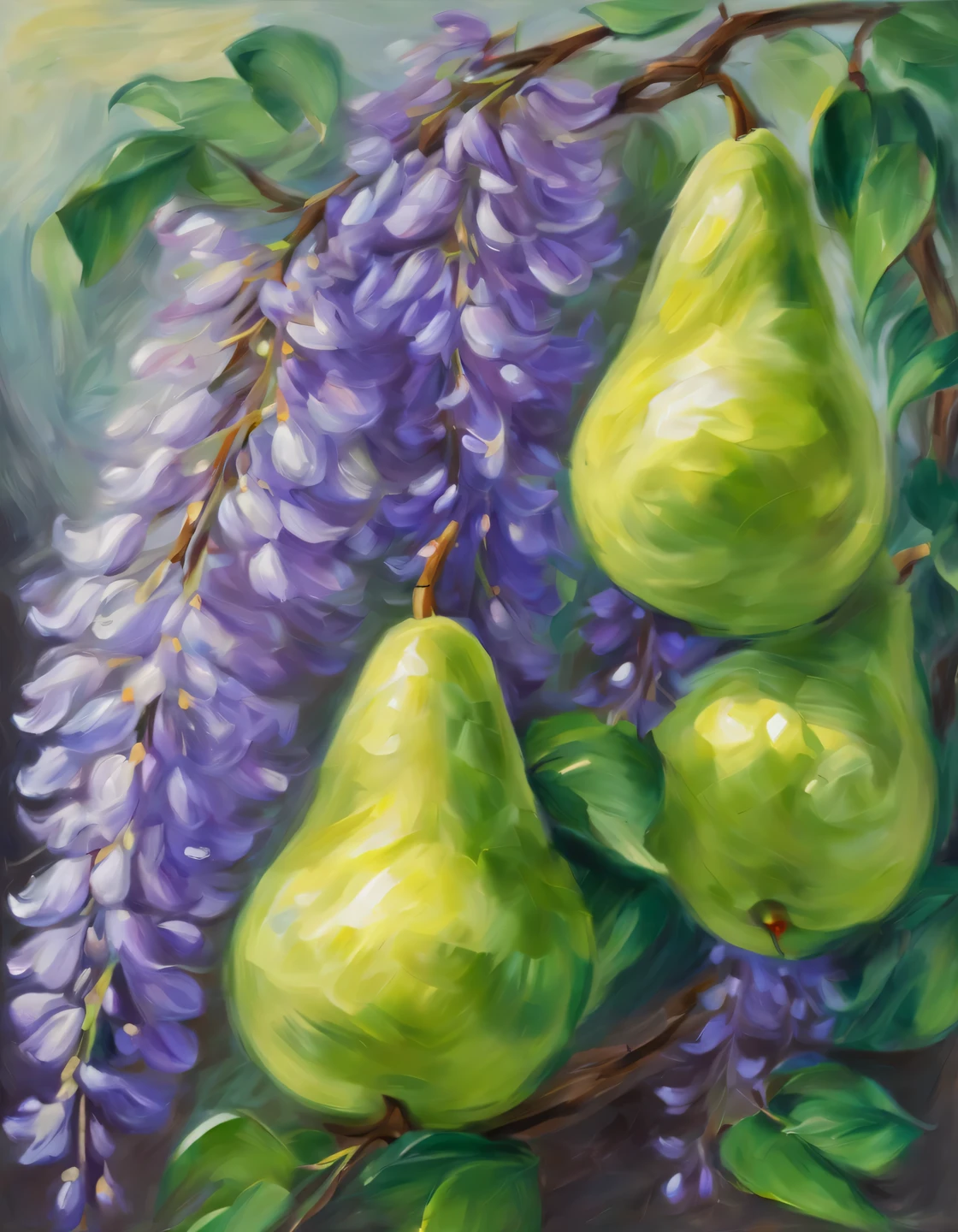 The art of oil strokes, oil painting, oil painting на холсте, flowers and fruits, blooming wisteria and green pears, drawing with large strokes, impressionism, Game of the World, high detail, The work of the wizard
