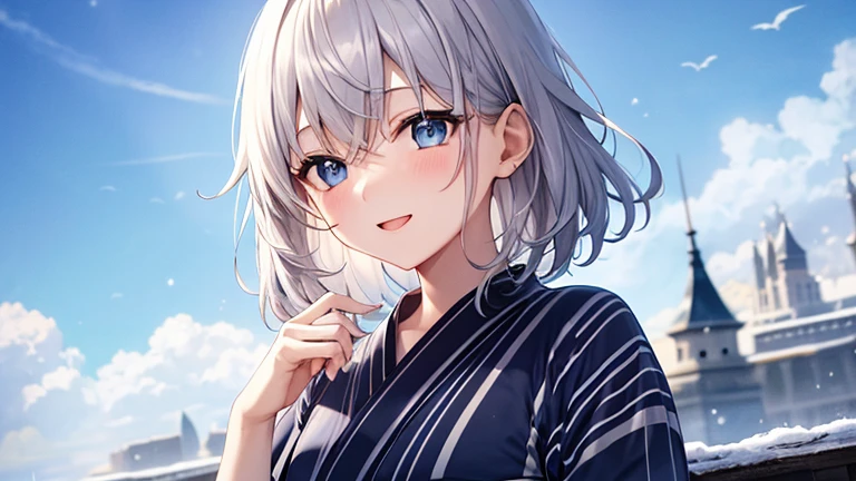super high quality, with a girl, 20-year-old, very short hair, long bangs between the eyes, pale blue eyes , blue sky, sunlight, very detailed,(masterpiece、highest quality)、alone、gray hair、laughter、White skin as clear as snow、fantasy, silver hair, black eye, beautiful eyes,, ecstasy, charm, be smitten with audience, fantasyな風景、yukata