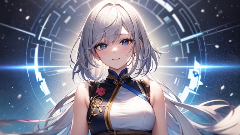 super high quality, with a girl, 20-year-old, very short hair, long bangs between the eyes, pale blue eyes , blue sky, sunlight, very detailed,(masterpiece、highest quality)、alone、gray hair、laughter、White skin as clear as snow、fantasy, silver hair, black eye, beautiful eyes,, ???????, charm, be smitten with audience, fantasyな風景、Miko costume