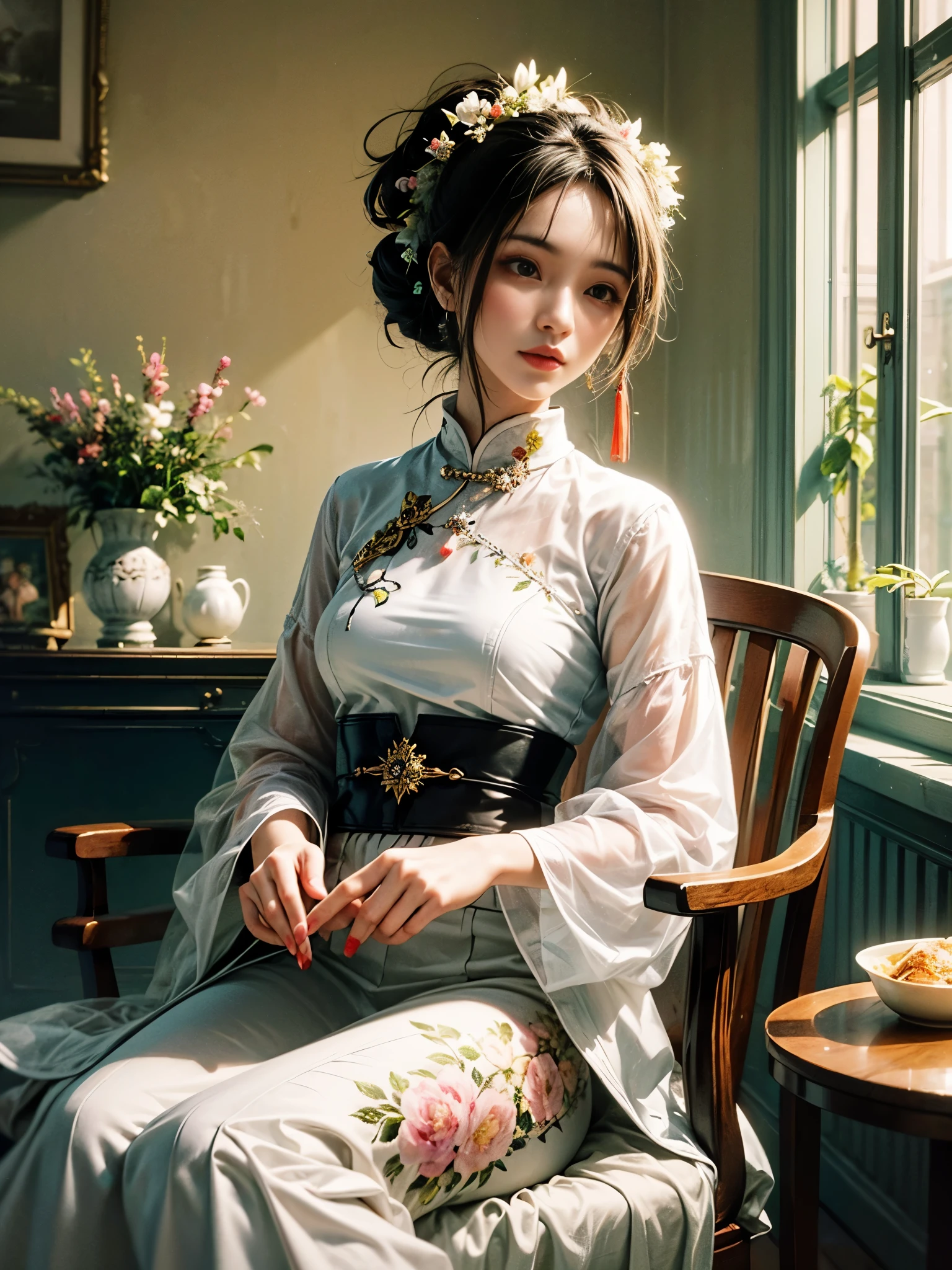 An imaginative and vivid depiction of the female figure，Think of it as your dream lover and life-long partner，Integrating the softness of traditional Chinese women with the role of modern Chinese housewives。This artistic expression highlights her nurturing and caring nature，It also shows her elegance and elegance。She is depicted with delicate features and warmth、seductiveexpression。Her outfit is a stylish fusion of tradition and modernity，reflects the duality of her character。she is depicted in a comfortable、in a modern environment，embodies a loving、The Essence of a Dedicated Companion and Homemaker。The background contains comfortable living space elements，Symbolizes stability and warmth。The overall style combines realism with fantasy，Capturing a dreamy contemporary aesthetic。 (floral watercolor painting:1.3)，(Super high saturation, bright and vivid colors:1.3)
