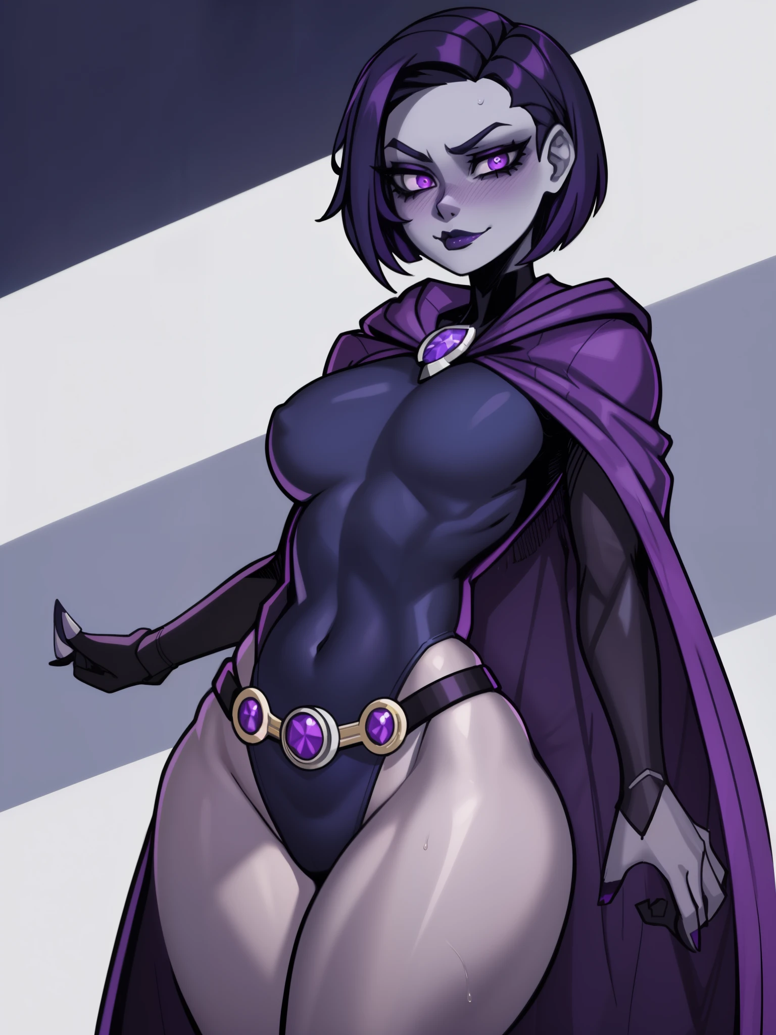(Shadman art:1.2), 1girl,solo,RavenTT, dynamic post ,navy-blue cloak, brooch, leotard, belt,short hair,purple hair, purple eyes,black lipstick,grey skin,curvy,wide hips