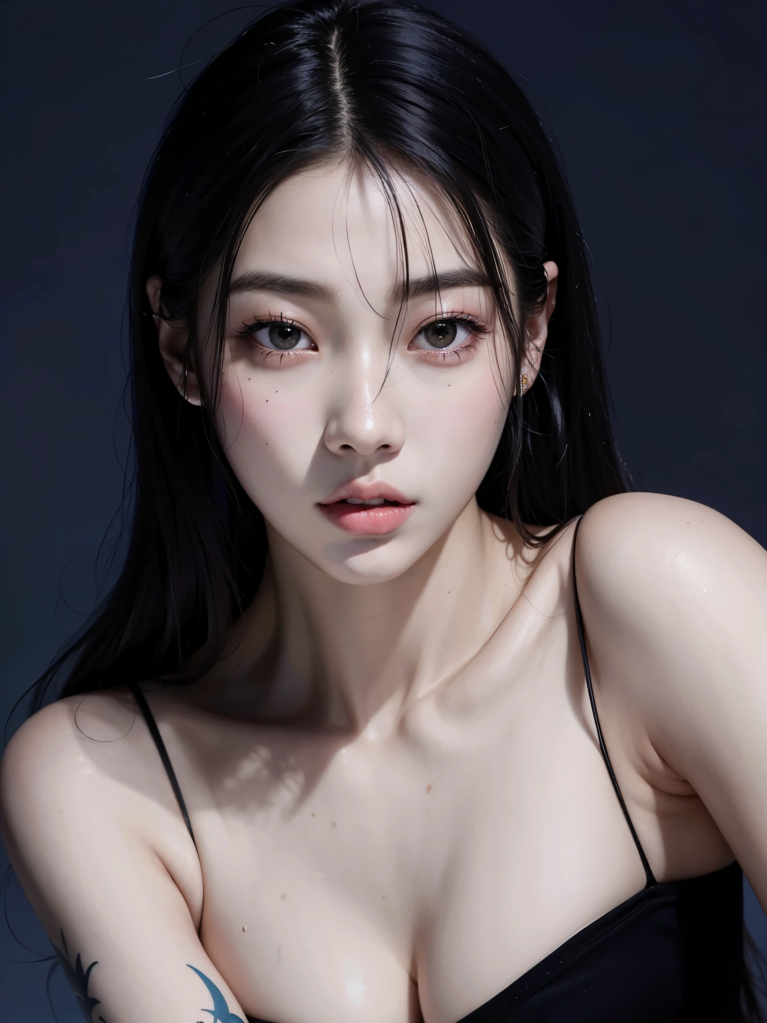 a close up of a woman with a tattoo on her arm, jaeyeon nam, Heonhwa Choe, Jinyoung Shin, Portrait of female Korean idol, maquiagem sul-coreana popular, Lee Ji-eun, Lee Ji-eun, maquiagem coreana popular, Jinna Zhang, Seseon Yoon, Retrato de Jossi do Blackpink, taejune kim, Jiyun Chae