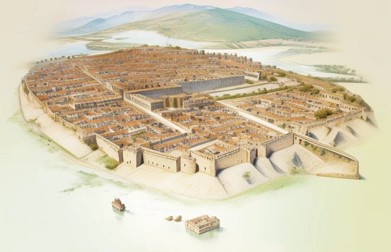 Put yourself in the role of a classical Greek looking from a hill at a photorealistic long shot, drone view, cinematic, of his ((( city with walls))), in a valley, (((on a very flat terrain, not mountainous))), on the plain of the interior of the continent. It is an ancient city, but it is not in ruins.