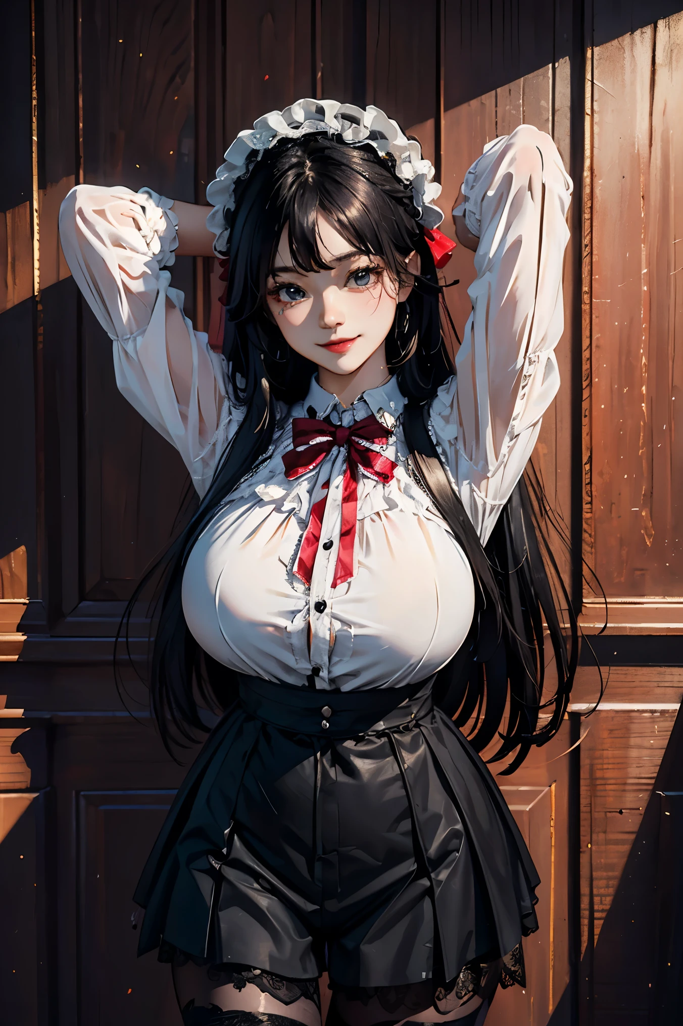 (masterpiece:1.4)、(highest quality:1.4)、ultra high resolution、beautiful features、20 year old woman、black straight long hair、headdress、Goth clothes、Ruffled clothing、black tights、(huge breasts:1.1)、red face、smile、Stand against the wall、arms behind body