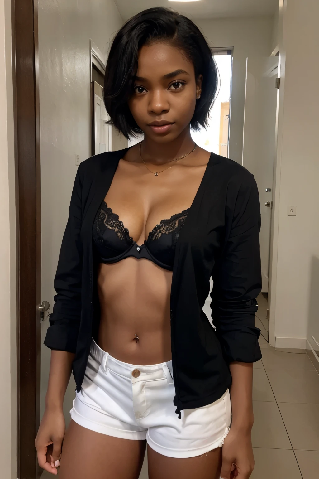Angolan girl with short clothes, black skin, straight hair, black eyes, sexy short-cut clothes and bra