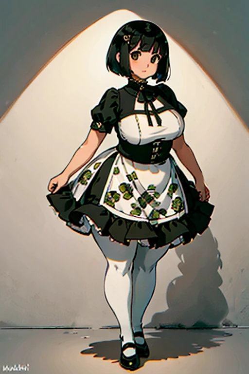 1 girl, ((masterpiece, side light, beautiful eyes: 1.2), Super detailed, ultra high resolution, professional lighting, high quality make up, beautiful detailed eyes), (highest quality:0.8), perfect anime illustrinion, beautiful, flin color background, simple background, whole body , looking for_in_viewer, 一人in, (whole body:1.5), (black hair:1.3), dark brown eyes, (big breasts:1), 一人in,Wasachiri, Huasachina, sash, puffy dress, dress, Puffy short sleeves, pantyhose, black shoes, Floral, print dress, put your hands on your hips, handkerchief,tof, (asymmetric bob cut:1.2),(おinこ:1.2),(boobs for days:1),(huge boobs:1),(plump:1.4),(curvy:1.4),(chubby:1.4),(Chubby:1.4),(low length:1.4),(short legs:1.4),(-fuselage type:1.4)
