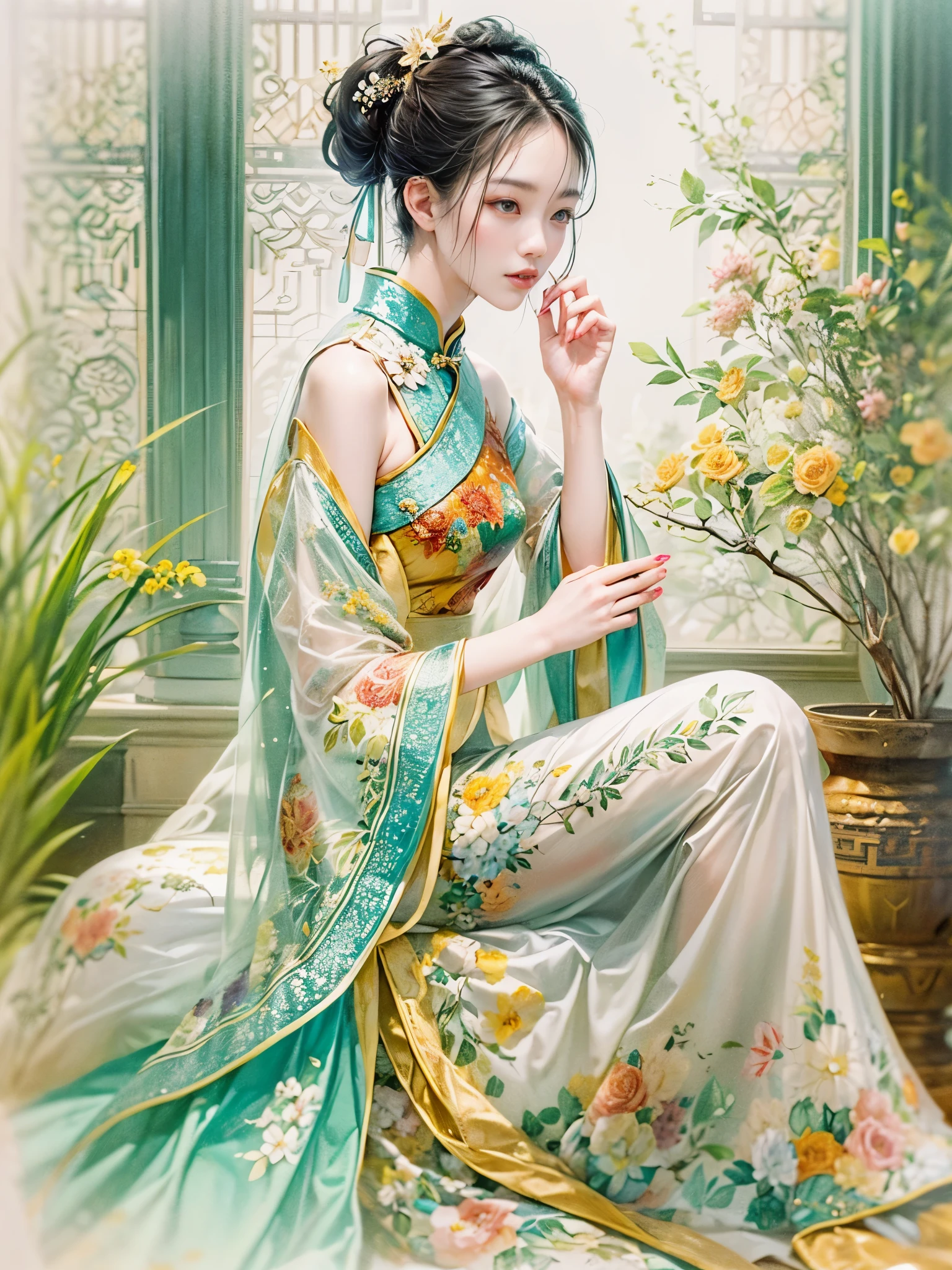 An imaginative and vivid depiction of the female figure，Think of it as your dream lover and life-long partner，Integrating the softness of traditional Chinese women with the role of modern Chinese housewives。This artistic expression highlights her nurturing and caring nature，It also shows her elegance and elegance。She is depicted with delicate features and warmth、seductiveexpression。((Her outfit is modern cheongsam))，reflects the duality of her character。she is depicted in a comfortable、in a modern environment，embodies a loving、The Essence of a Dedicated Companion and Homemaker。The background contains comfortable living space elements，Symbolizes stability and warmth。The overall style combines realism with fantasy，Capturing a dreamy contemporary aesthetic。 (floral watercolor painting:1.3)，(Super high saturation, bright and vivid colors:1.3)