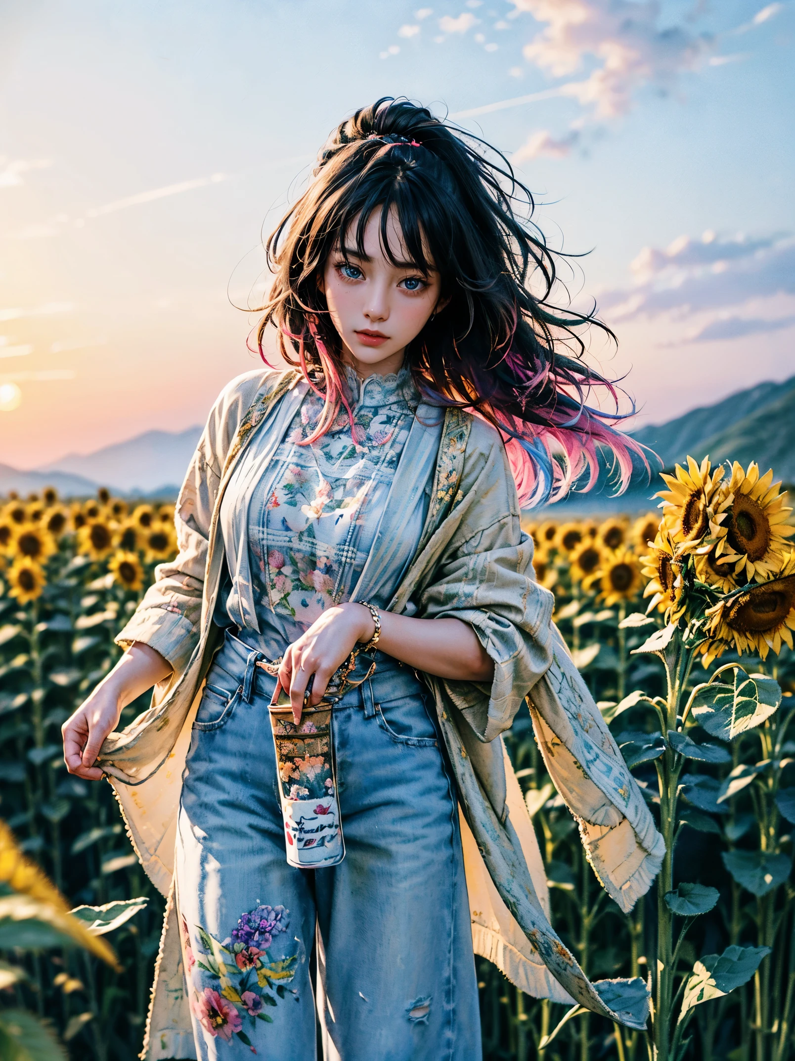 A beauty、sweet、Kind chinese village girl watercolor painting，Long black hair and warm brown skin，Wearing simple blue suspender jeans and a white plaid shirt，Very nice eyes and face，big watery eyes，long eyelashes，Beautiful teeth，Long legs，Perfect slender figure，Standing in a sunflower field at sunset，golden soft light，Beautiful village in the background，A river，A small bridge，mountains in the distance，（best picture quality，8k，high resolution，masterpiece：1.2），Super detailed，ultra high definition，Studio lighting，Super fine，Extremely detailed description，major，bright colors，Dutch Golden Age，pastel colors，Sunset lights，(floral watercolor painting:1.5)，(Super high saturation, bright and vivid colors:1.5), (nsfw), (Look at the audience head-on:1.5)