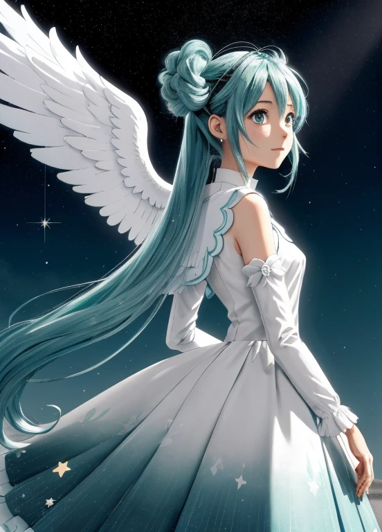 Angel wings shining in seven colors、Kawaii Girl、Light blue long hair、Twin-tailed、Colorful angel costume、((top-quality))、((masterpiece))、(ighly detailed、highestdetailed、Official art、Beautifully Aesthetic:1.2)