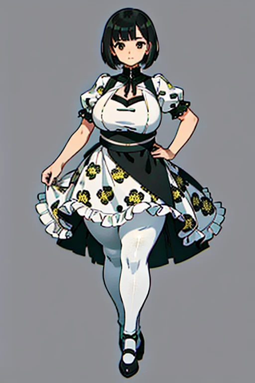 1 girl, ((masterpiece, side light, beautiful eyes: 1.2), Super detailed, ultra high resolution, professional lighting, high quality make up, beautiful detailed eyes), (highest quality:0.8), perfect anime illustrinion, beautiful, flin color background, simple background, whole body , looking for_in_viewer, 一人in, (whole body:1.5), (black hair:1.3), dark brown eyes, (big breasts:1), 一人in,Wasachiri, Huasachina, sash, puffy dress, dress, Puffy short sleeves, pantyhose, black shoes, Floral, print dress, put your hands on your hips, handkerchief,tof, (asymmetric bob cut:1.2),(おinこ:1.2),(boobs for days:1),(huge boobs:1),(plump:1.4),(curvy:1.4),(chubby:1.4),(Chubby:1.4),(low length:1.4),(short legs:1.4),