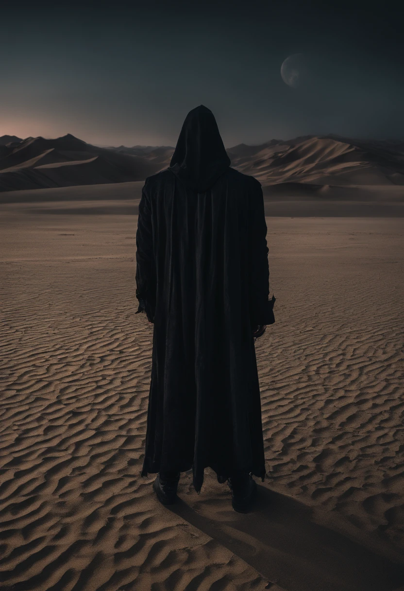 Image of the night man crouching in a dawn lit desert, dynamic pose