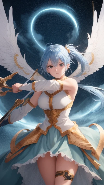 (best quality,4k,highres,masterpiece:1.2),ultra-detailed,realistic,anime,action-packed,angelic girl with golden eyes and light blue hair tied up in a ponytail,wielding swords in both hands,strong and determined expression,heavenly wings unfurled behind her,dramatic lighting,surreal scenery,dynamic poses,ethereal atmosphere,shimmering magical effects.