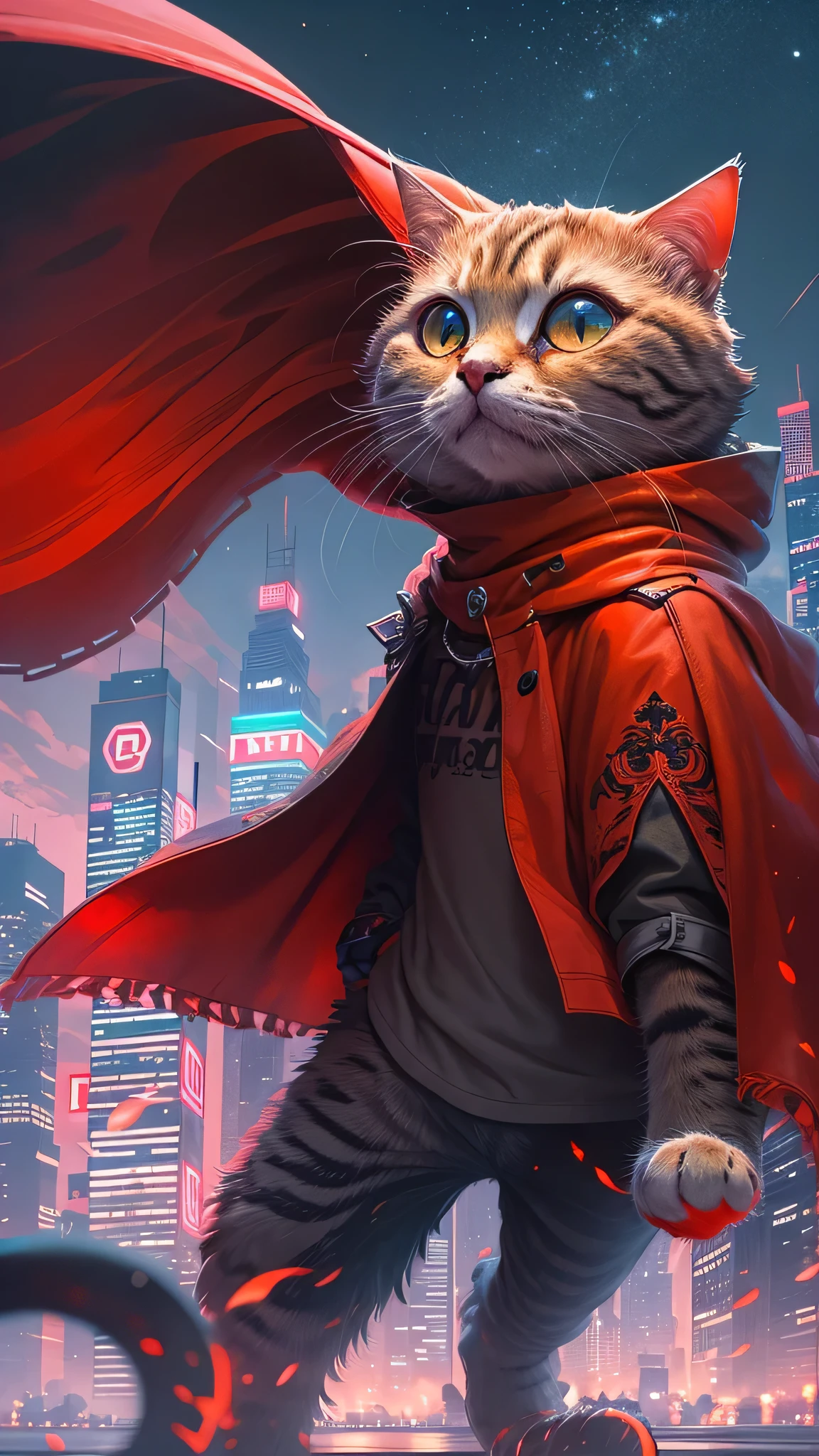 Cute cat wearing red cloak flying in the sky，future city center，night，Neon sign road，