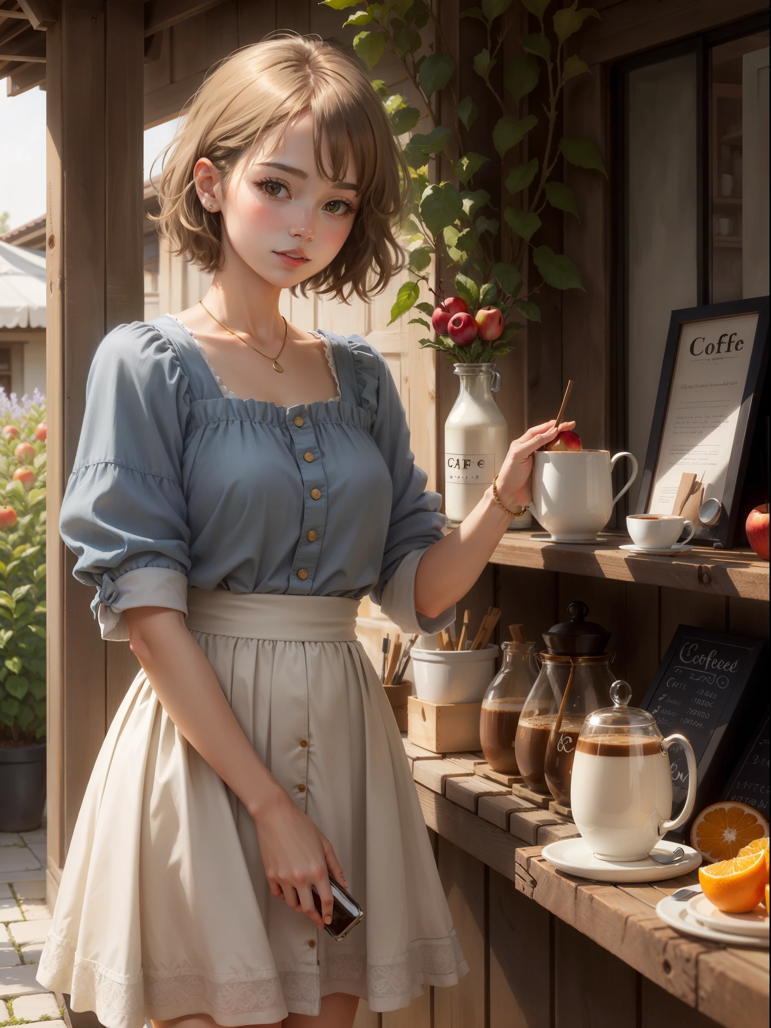 Coffee Girl, Realistic, High Quality, café, Soft light, Natural and authentic, coffee, Short Hair Hair, Golden Hair, orchard, fruit, orange, apple,