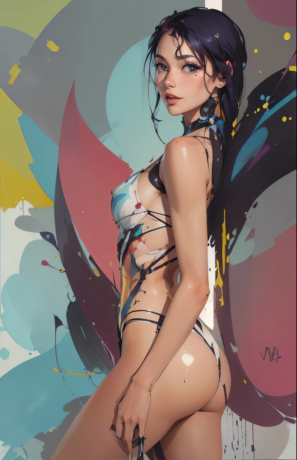 Hay una mujer en bikini posando frente a una pared, rossdraws 1. 0, rossdibuja 2. 0, Lois Rossdraw, Pintura digital RossDrew, wlop ross dibuja, ross tran 8k, por Russell Dongjun Lu, rossdraws dibujos animados vibrantes, WLOP y ROSS Tran, Inspirado por RossDrew, :: rossdraws