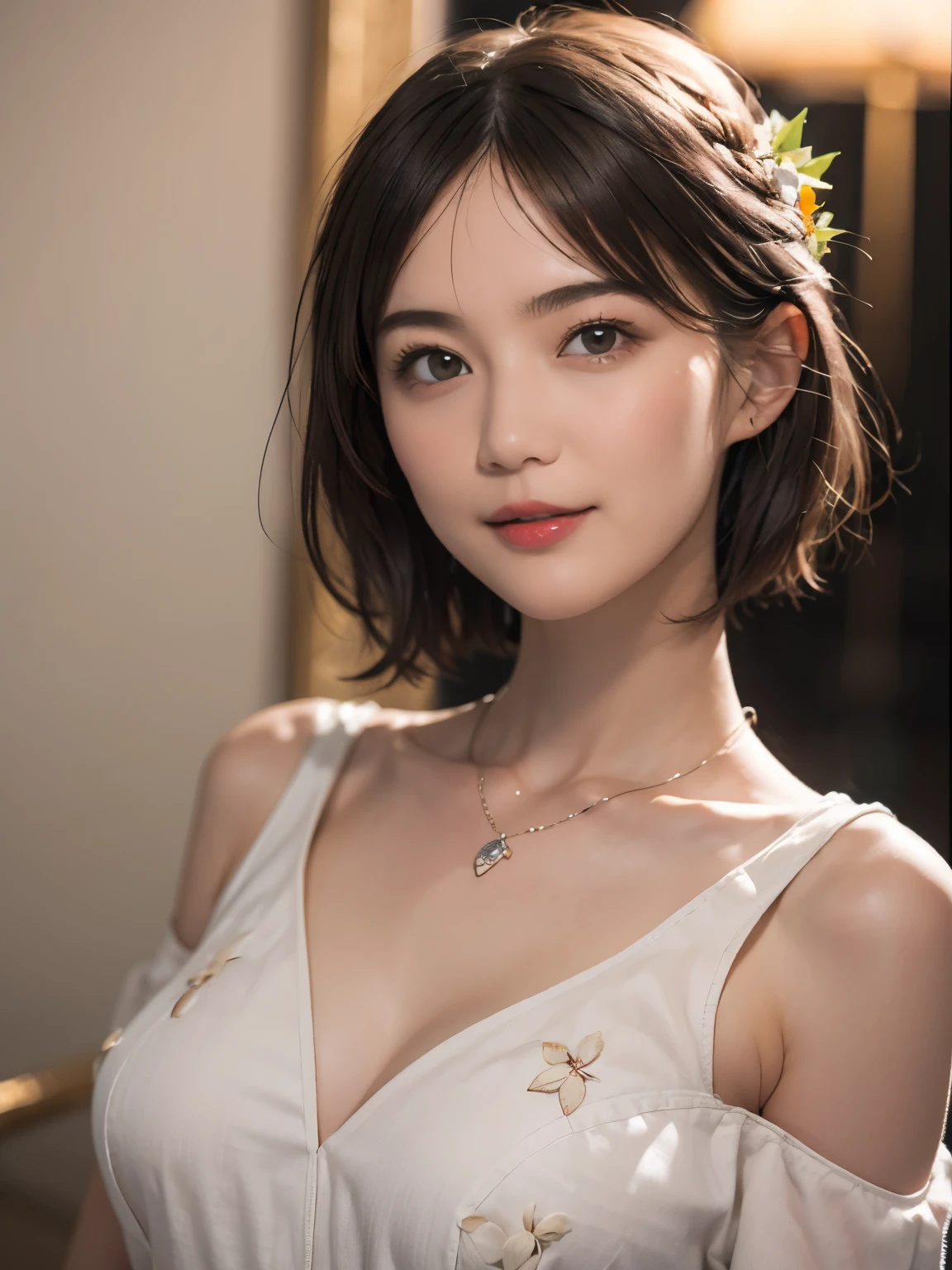 148
(20 year old woman,Floral costume), (surreal), (High resolution), ((beautiful hairstyle 46)), ((short hair:1.46)), (gentle smile), (breasted:1.1), (lipstick)
