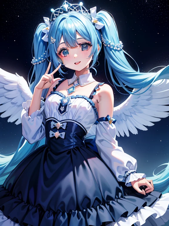 super idol una chica de belleza Una sonrisa encantadora pelo azul cielo cabello largo de dos colas Conjunto brillante de color rosa, blanco, azul y amarillo. mirando al frente Angel wings in the background mystic fancy constellation una luna Brillo de cristal Aurora boreal en el cielo nocturno
