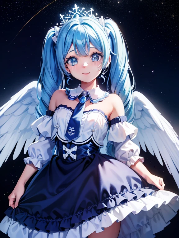 super idol　una chica de belleza　Una sonrisa encantadora　pelo azul cielo　cabello largo　de dos colas　Conjunto brillante de color rosa, blanco, azul y amarillo.　mirando al frente　Angel wings in the background　mystic　fancy　constellation　una luna　Brillo de cristal　Aurora boreal en el cielo nocturno