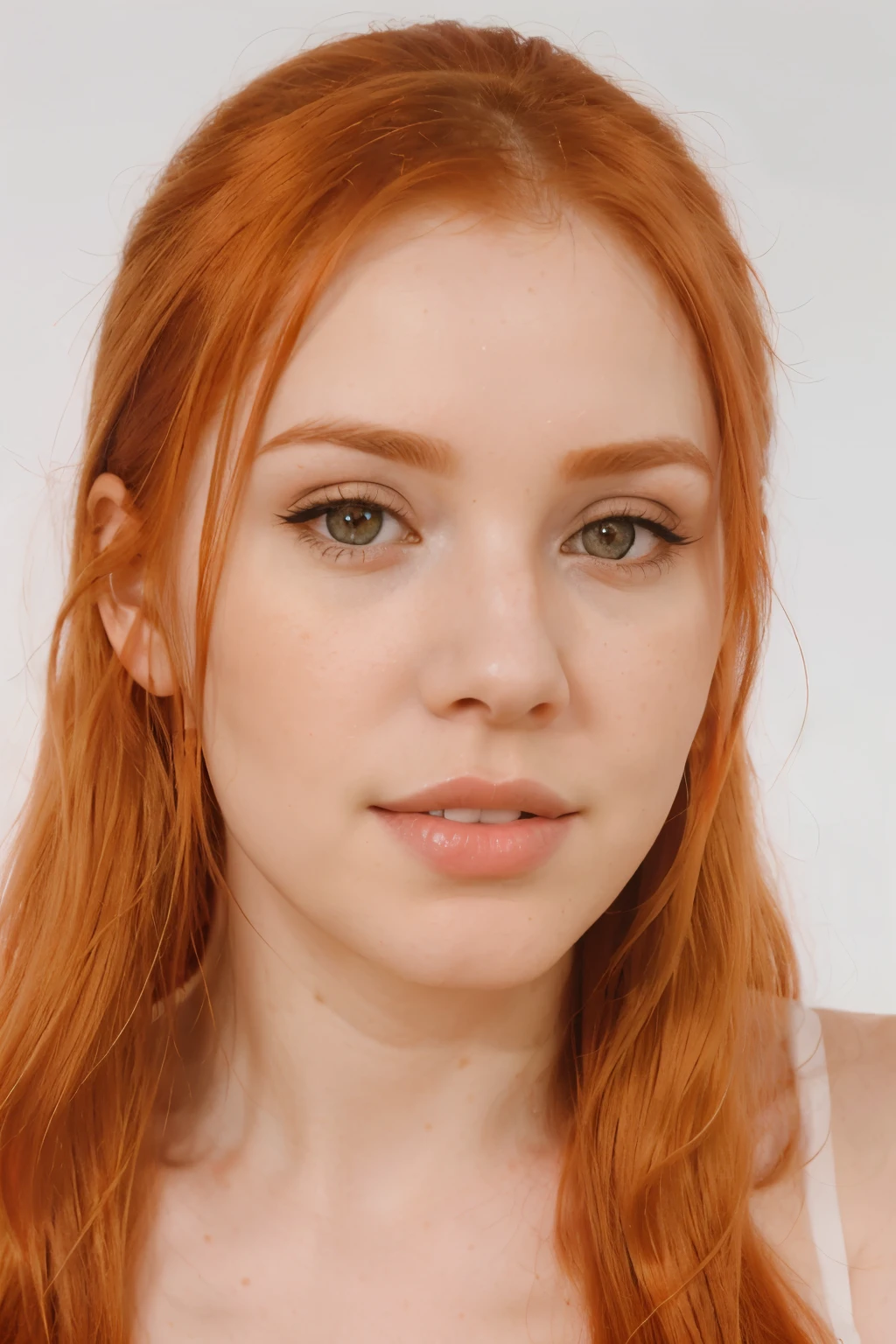 redhead haired woman with long hair and a white tank top, sexy face with full makeup, amouranth, better known as amouranth, orange hair, headshot profile picture, bright orange hair, stunning closeupheadshot, young beautiful amouranth, sultry look, orange skin and long fiery hair, justina blakeney, maiden with copper hair