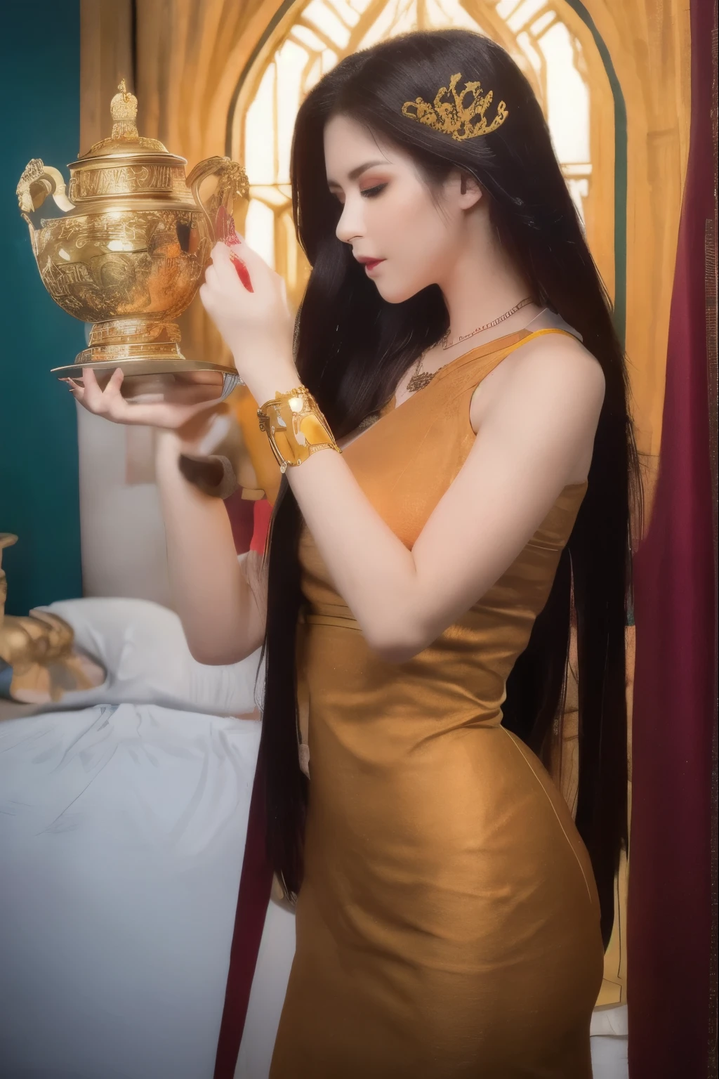 (RAW photo, best quality), (realistic, photo-Realistic:1.3), best quality, masterpiece, beautiful and aesthetic, 16K, (HDR:1.4), high contrast, (vibrant color:1.4), (muted colors, dim colors, soothing tones:0), cinematic lighting, ambient lighting, sidelighting, Exquisite details and textures, cinematic shot, Warm tone, (Bright and intense:1.2), wide shot, by xm887, ultra realistic illustration, siena natural ratio, whole body view, very long curly dark brown hair, blue bracelet, a beautiful 20yo Canadian girl, Pale skin, icy eyeshadow, a gold necklace, juicy lips, honey - colored eyes, Long Eyelashes, Hourglass body, thin waist, Art by Josephine Wall and Stephanie Law, Linda Ravenscroft, Kinuko Y. Craft. anime style