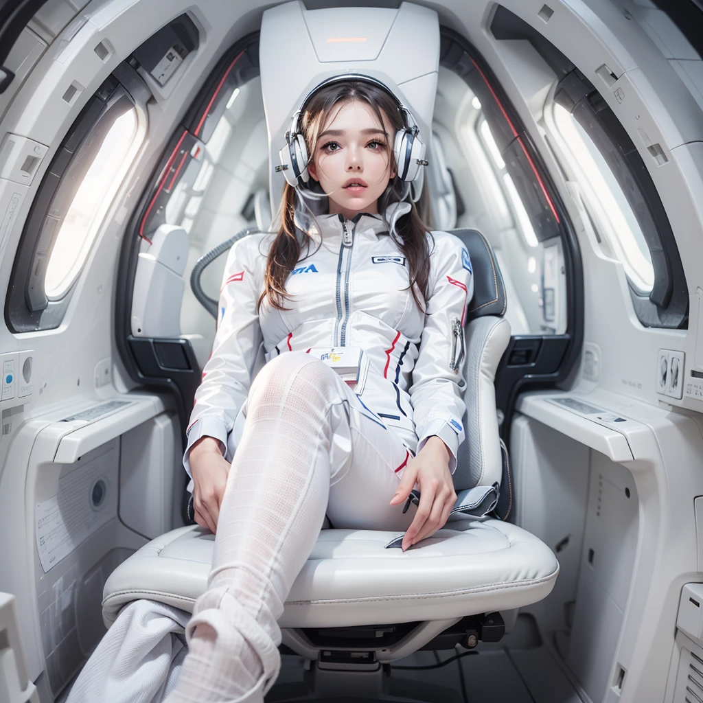 Seductive woman perfect beauty Very white skin beautiful eyes glossy lips sit on seat,Legs up Wearing a thin jumpsuit Feature earphone inside spacecraft