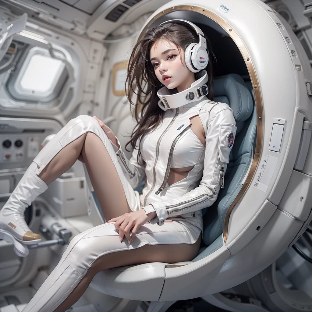 Seductive woman　perfect beauty　Very white skin　beautiful eyes　glossy lips　sit on seat，Legs up　Wearing a thin jumpsuit　Feature　earphone　inside spacecraft