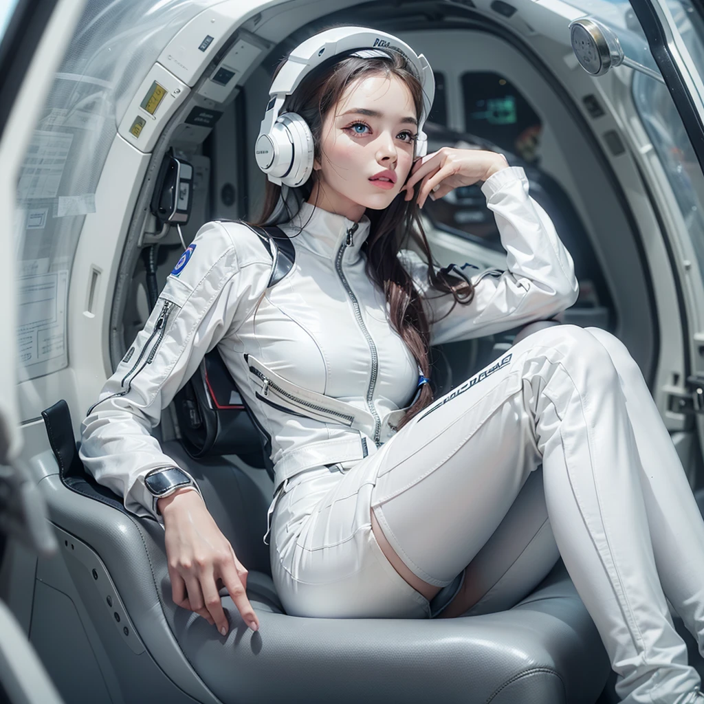 Seductive woman　perfect beauty　Very white skin　beautiful eyes　glossy lips　sit on seat，Legs up　Wearing a thin jumpsuit　Feature　earphone　inside spacecraft