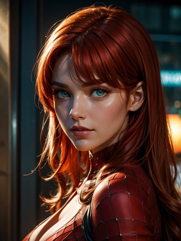 (best quality), (close-up), (headshot), beautiful close shot of Mary Jane Watson ( full body red hair), (Bright green eyes), from spiderman, HDR, 4k, UHD, 3D