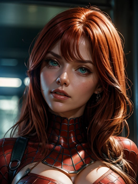 (best quality), (close-up), (headshot), beautiful close shot of Mary Jane Watson ( full body red hair), (Bright green eyes), from spiderman, HDR, 4k, UHD, 3D