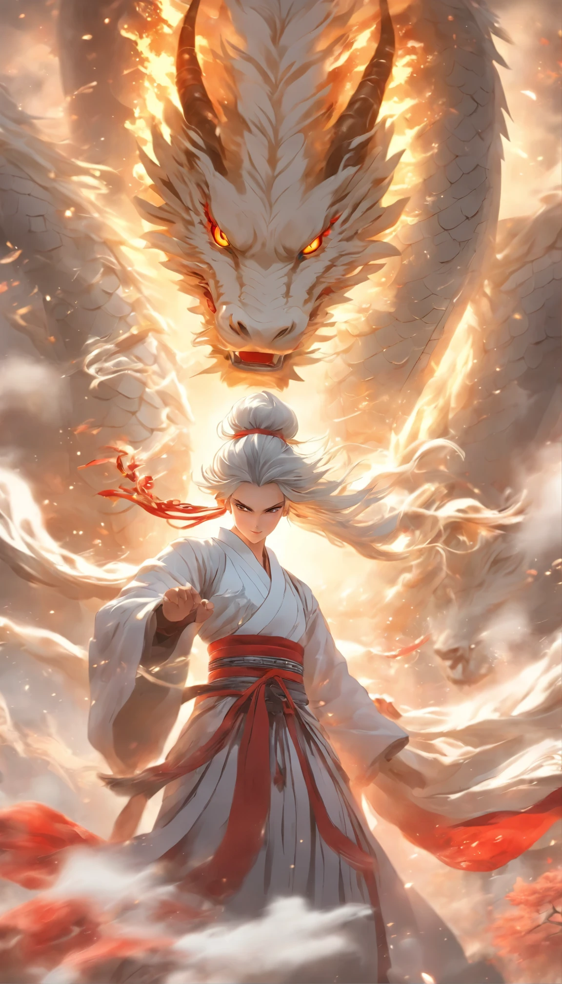 dynamic lighting, art station, poster, Volumetric lighting, Very detailed faces, 4k wallpaper, The award-winning, 1 girl with white hair, long flowing hair, ponytail, Fringed Hair Ornament, dynamic perspective, white hanfu, White gauze flying, red belt, Sexy, Chinese traditional ink painting, Surrounded by Clouds and mist, mist, Riding the white dragon's head, Stroke the faucet, Bailongjiao, dynamic perspective, light,