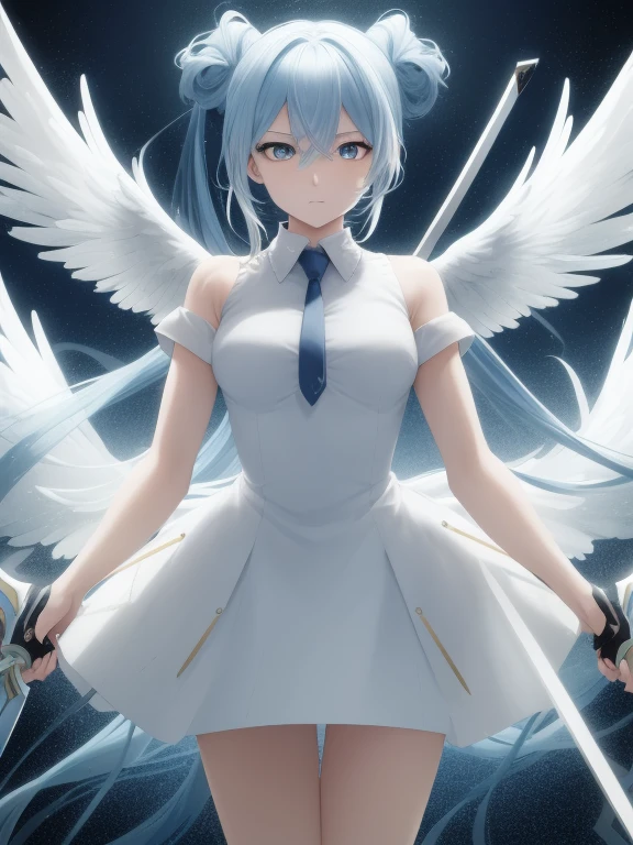 (best quality,4k,highres,masterpiece:1.2),ultra-detailed,realistic,anime,action-packed,angelic girl with golden eyes and light blue hair tied up in a ponytail,wielding swords in both hands,strong and determined expression,heavenly wings unfurled behind her,dramatic lighting,surreal scenery,dynamic poses,ethereal atmosphere,shimmering magical effects.