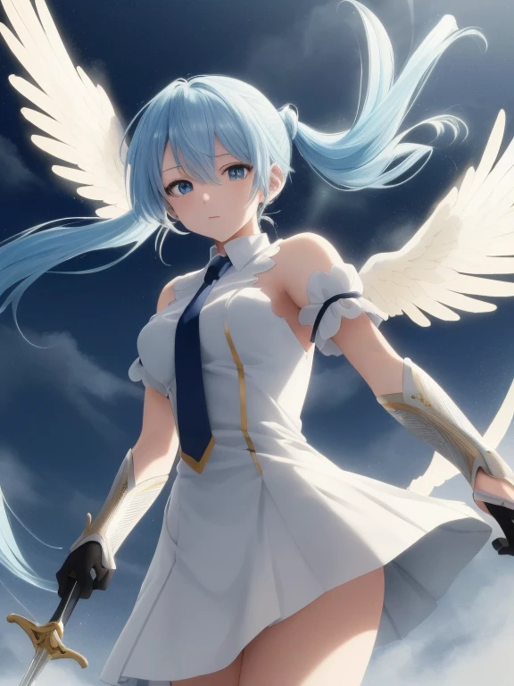 (best quality,4k,highres,masterpiece:1.2),ultra-detailed,realistic,anime,action-packed,angelic girl with golden eyes and light blue hair tied up in a ponytail,wielding swords in both hands,strong and determined expression,heavenly wings unfurled behind her,dramatic lighting,surreal scenery,dynamic poses,ethereal atmosphere,shimmering magical effects.