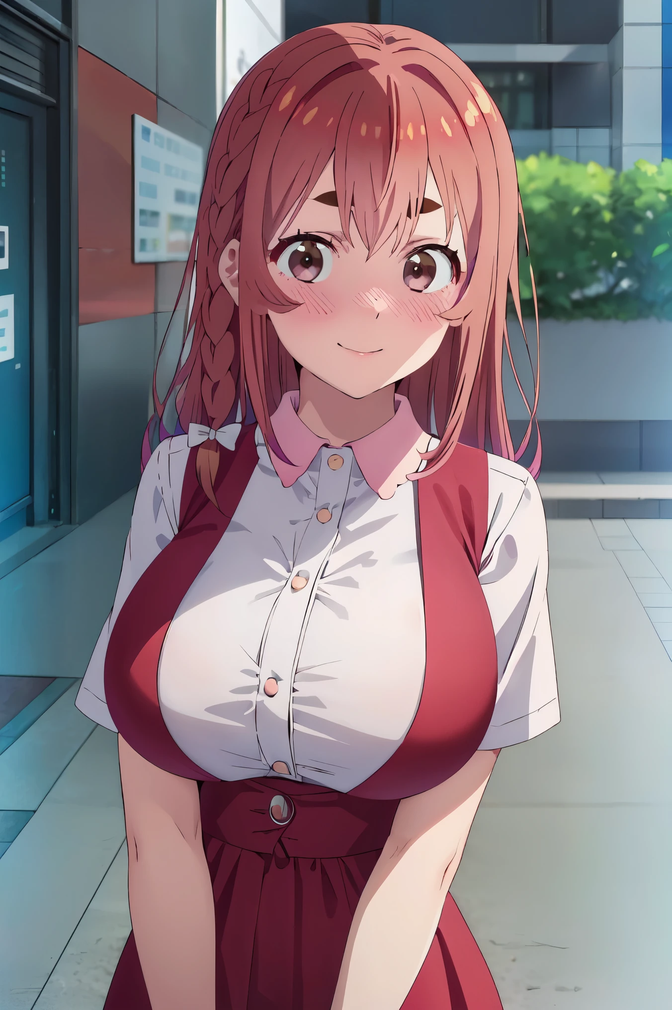 (((pixel-perfect, detail-perfect))), solo, 1girl, sumi sakurasawa, big boobs, collared shirt, red dress, looking at viewer, blush, embarrassed, upper body, lower body , standing, smile