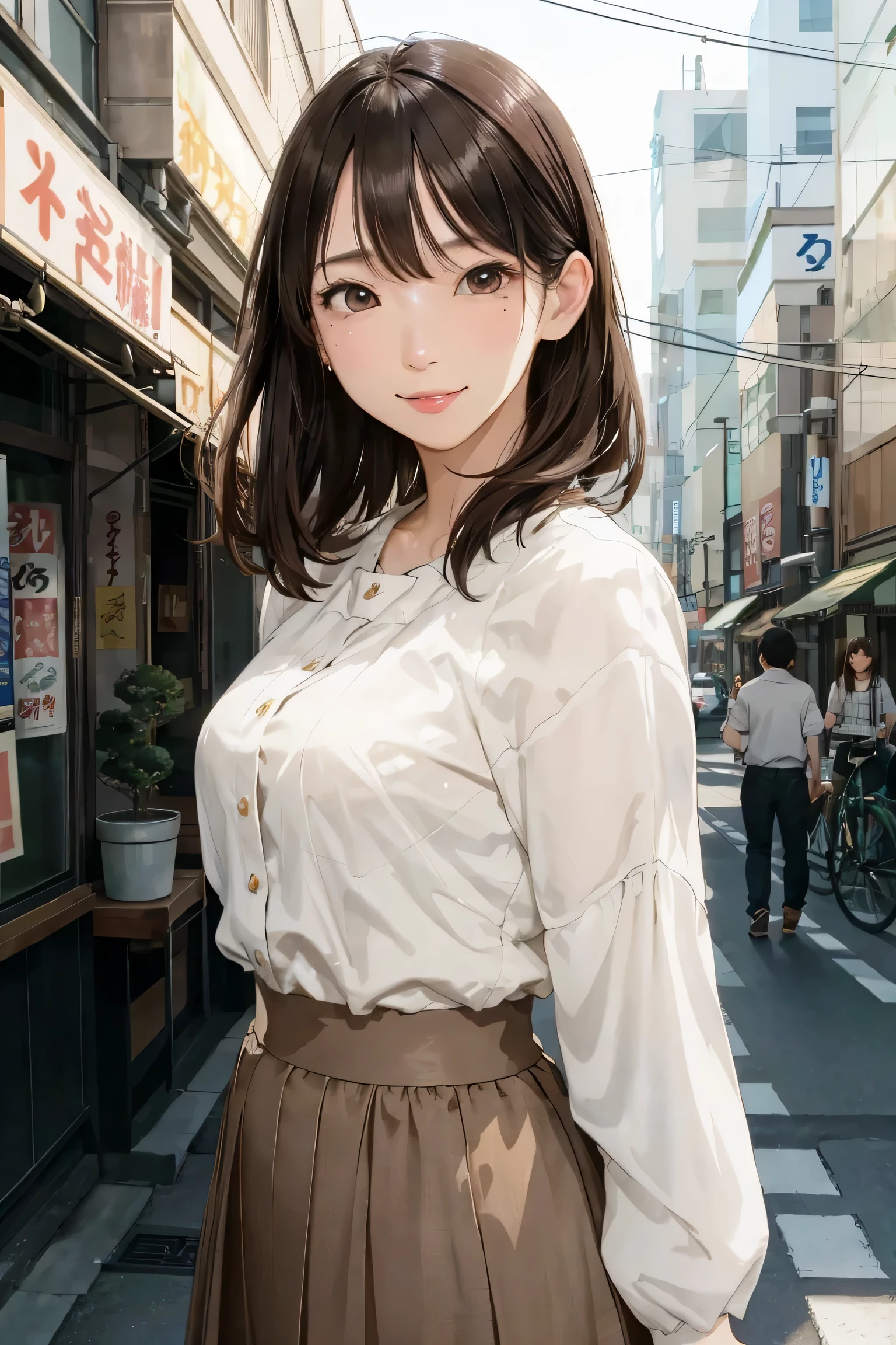 (skin scars:1.2), (skin dents), black eye, 1woman, 25 years old, (((woman))), alone, realistic, highest quality, photorealistic, masterpiece, 8K, High resolution, alone, highly detailed face, (professional lighting, Bokeh), (particles of light, Lens flare, glowing particles:0.6), (dynamic pose:1.2), soft lighting, Angle seen from above, Fashionable and trendy atmosphere, Japan, street, Tokyo, city, ((daytime)), null, ((looking at the viewer:1)), (look at the camera),(portrait:0.6), cowboy shot, nice, Are standing, Maintain original face proportions, wide shoulders, whole body, (small breasts), (medium hair), brown hair, floating hair, lips, lipstick, seductive smile, floating hair, smile, Open_mouth, teeth, (white blouse), (jumper skirt), eyelash, mole, (mole under eye:1),