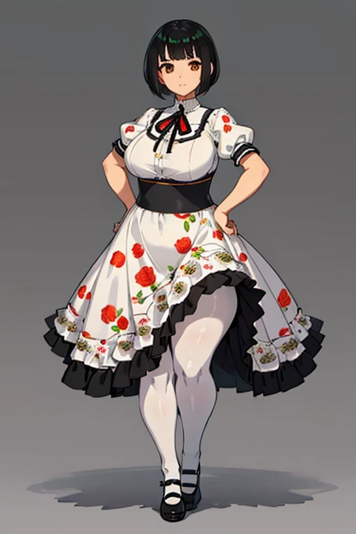 1 girl, ((masterpiece, side light, beautiful eyes: 1.2), Super detailed, ultra high resolution, professional lighting, high quality make up, beautiful detailed eyes), (highest quality:0.8), perfect anime illustrinion,  beautiful, flin color background, simple background, whole body ,  looking for_in_viewer, 一人in, (whole body:1.5), (black hair:1.3), dark brown eyes, (???????????:1), 一人in,Wasachiri, Huasachina,  sash, puffy dress, dress, Puffy short sleeves, pantyhose, black shoes, Floral, print dress, put your hands on your ????, handkerchief,tof, (asymmetric bob cut:1.2),(おinこ:1.2),(????? for days:1),(huge ?????:1),(plump:1.4),(curvy:1.4),(chubby:1.4),(Chubby:1.4),(low length:1.4),(short legs:1.4),