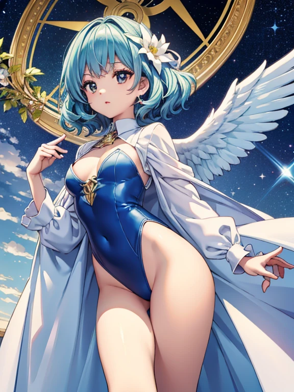 Rainbow wings of angels shining in seven colors.、chica kawaii、pelo largo azul、de dos colas、Colorful Angel Leotard、Cristal brillante, ((de primera calidad))、((masterpiece))、(muy detallado、Highest Detailed、Arte oficial、beautifully aesthetic:1.2)