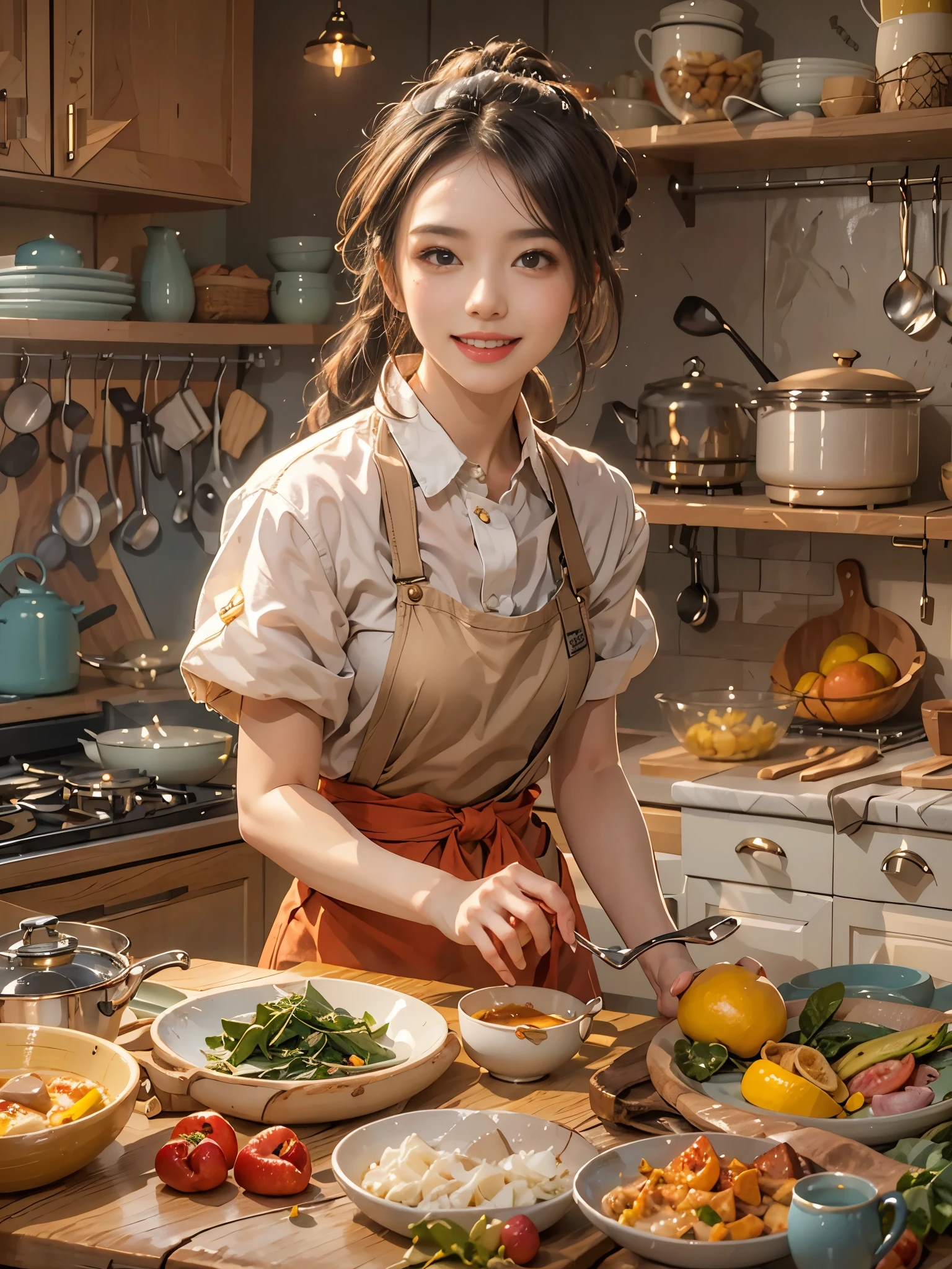 An imaginative and heartwarming depiction of a dream girlfriend, envisioned as a loving partner and lifelong companion, cooking in the kitchen. She radiates a sweet and comforting smile that brightens the room, creating a sense of joy and tranquility. Her smile is so enchanting that it can make all worries fade away. She embodies wisdom, beauty, and a diligent character. Her attire is casual yet feminine, suitable for cooking, with her hair tied back neatly. The kitchen setting is homely and well-equipped, filled with the aroma of delicious food. The overall style is a blend of realism and a touch of whimsy, capturing the essence of a sweet, hardworking girl in a domestic, loving environment, (花卉水彩画:1.5),(Super high saturation, bright and vivid colors:1.5), (正面看着观众:1.5)