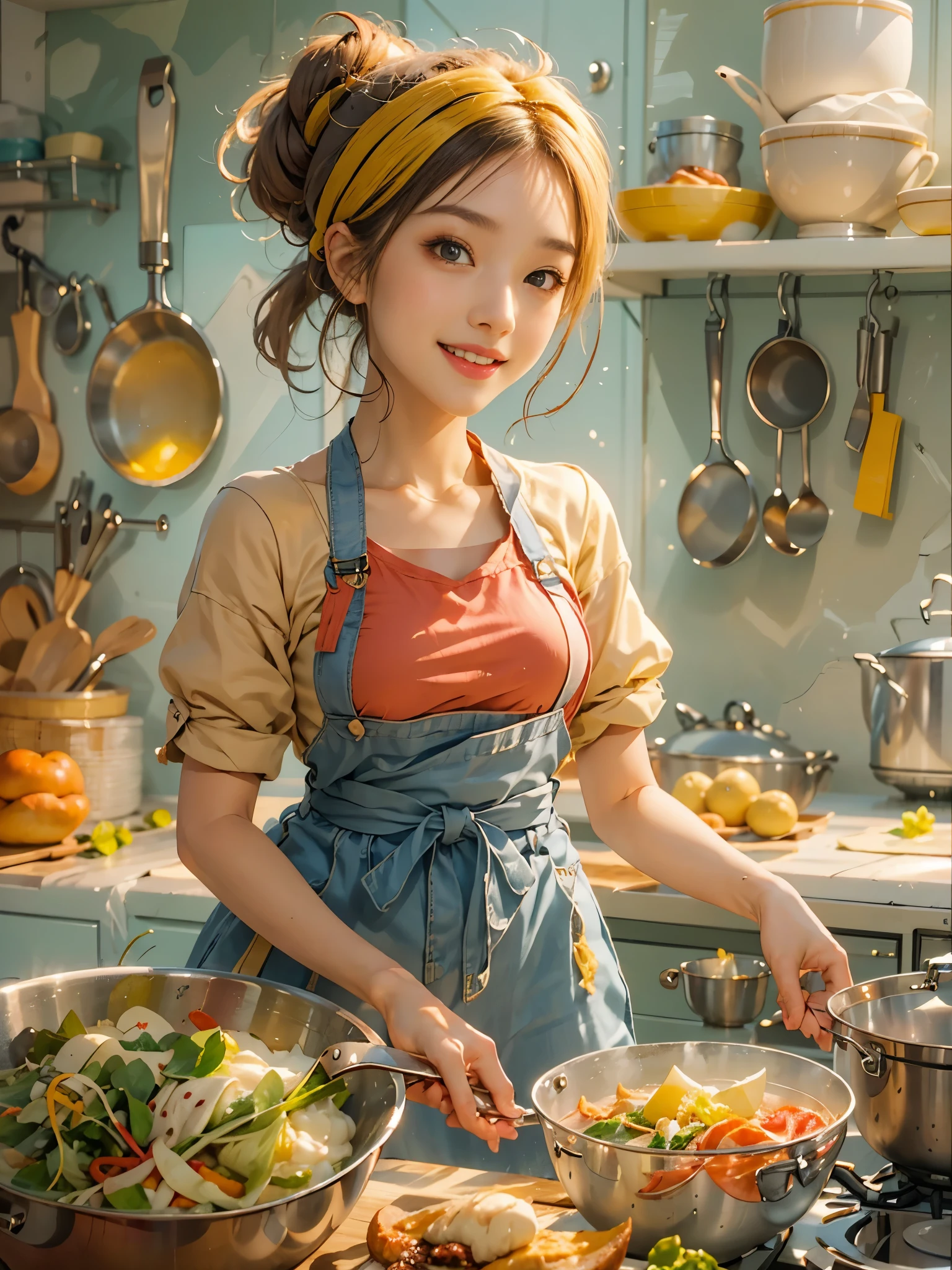 An imaginative and heartwarming depiction of a dream girlfriend, envisioned as a loving partner and lifelong companion, cooking in the kitchen. She radiates a sweet and comforting smile that brightens the room, creating a sense of joy and tranquility. Her smile is so enchanting that it can make all worries fade away. She embodies wisdom, beauty, and a diligent character. Her attire is casual yet feminine, suitable for cooking, with her hair tied back neatly. The kitchen setting is homely and well-equipped, filled with the aroma of delicious food. The overall style is a blend of realism and a touch of whimsy, capturing the essence of a sweet, hardworking girl in a domestic, loving environment, (花卉水彩画:1.5),(Super high saturation, bright and vivid colors:1.5), (正面看着观众:1.5)