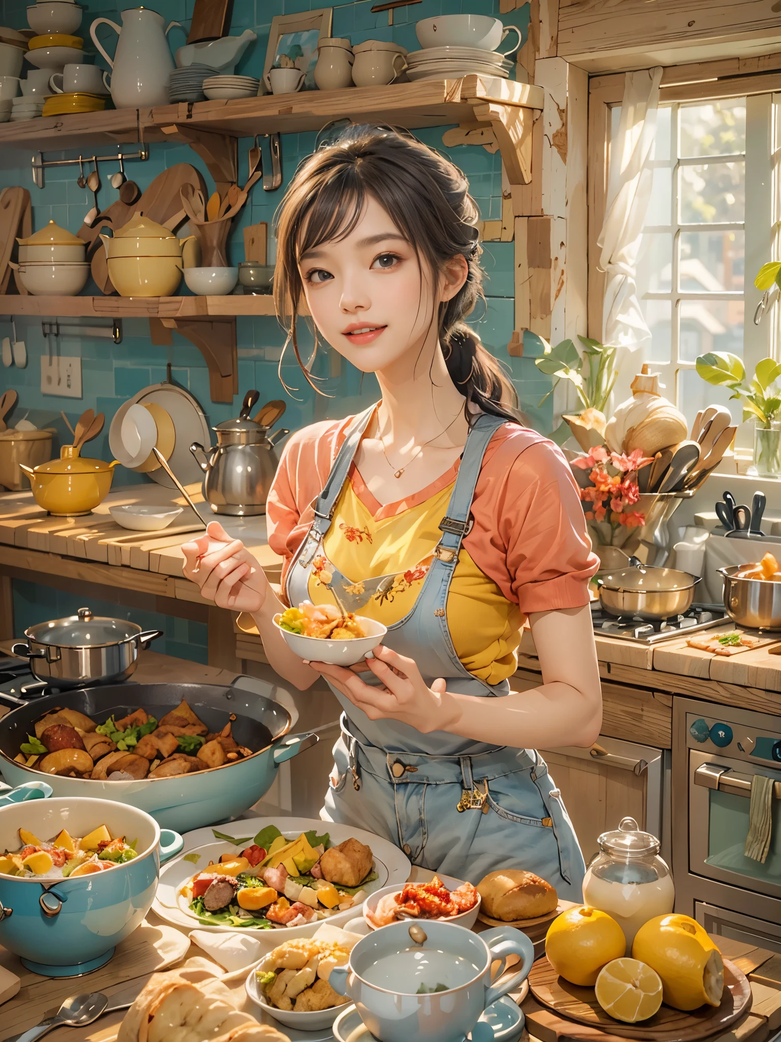 An imaginative and heartwarming depiction of a dream girlfriend, envisioned as a loving partner and lifelong companion, cooking in the kitchen. She radiates a sweet and comforting smile that brightens the room, creating a sense of joy and tranquility. Her smile is so enchanting that it can make all worries fade away. She embodies wisdom, beauty, and a diligent character. Her attire is casual yet feminine, suitable for cooking, with her hair tied back neatly. The kitchen setting is homely and well-equipped, filled with the aroma of delicious food. The overall style is a blend of realism and a touch of whimsy, capturing the essence of a sweet, hardworking girl in a domestic, loving environment, (花卉水彩画:1.5)，(Super high saturation, bright and vivid colors:1.5), (正面看着观众:1.5)