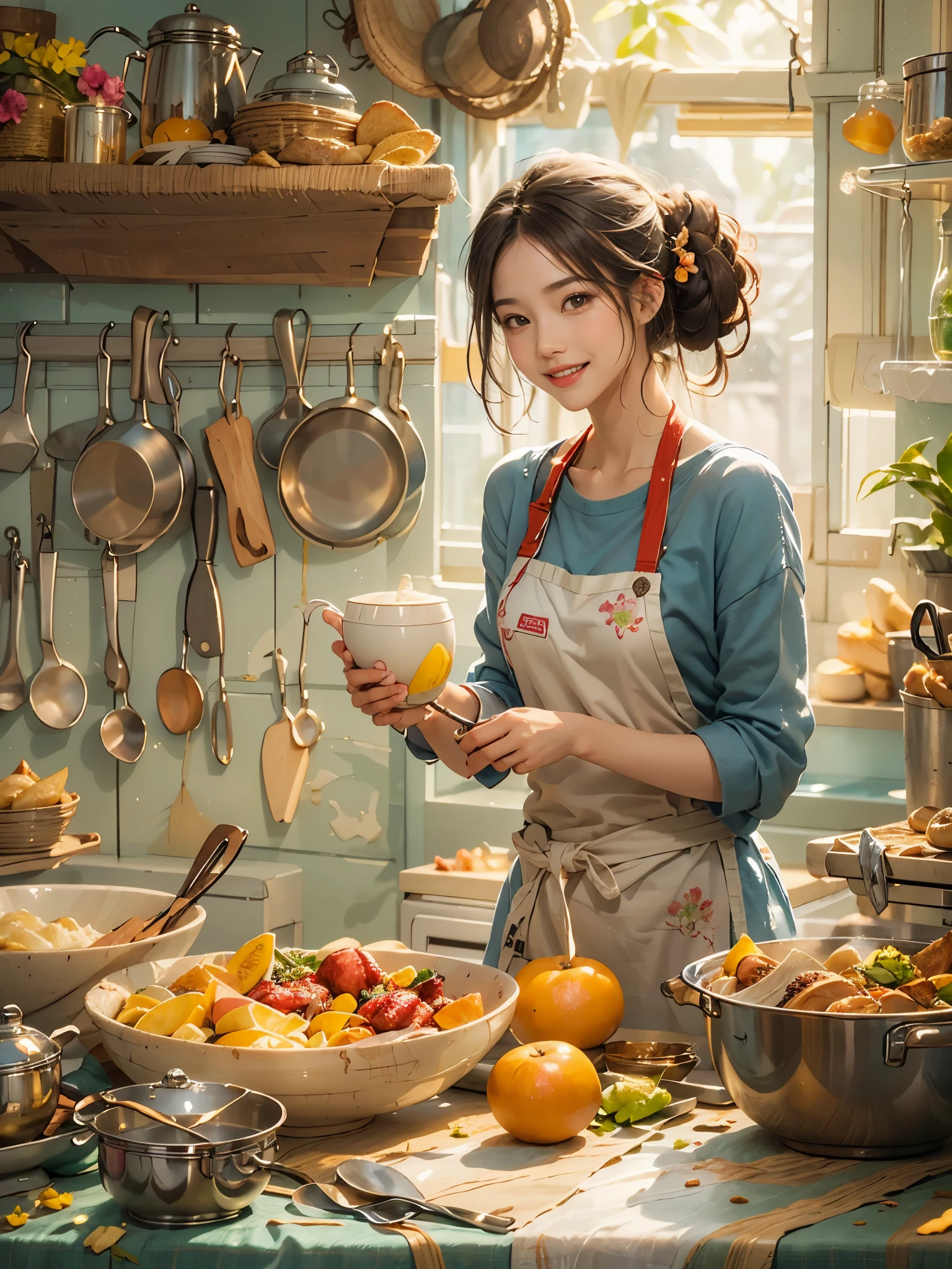 An imaginative and heartwarming depiction of a dream girlfriend, envisioned as a loving partner and lifelong companion, cooking in the kitchen. She radiates a sweet and comforting smile that brightens the room, creating a sense of joy and tranquility. Her smile is so enchanting that it can make all worries fade away. She embodies wisdom, beauty, and a diligent character. Her attire is casual yet feminine, suitable for cooking, with her hair tied back neatly. The kitchen setting is homely and well-equipped, filled with the aroma of delicious food. The overall style is a blend of realism and a touch of whimsy, capturing the essence of a sweet, hardworking girl in a domestic, loving environment, (花卉水彩画:1.5),(Super high saturation, bright and vivid colors:1.5), (正面看着观众:1.5)