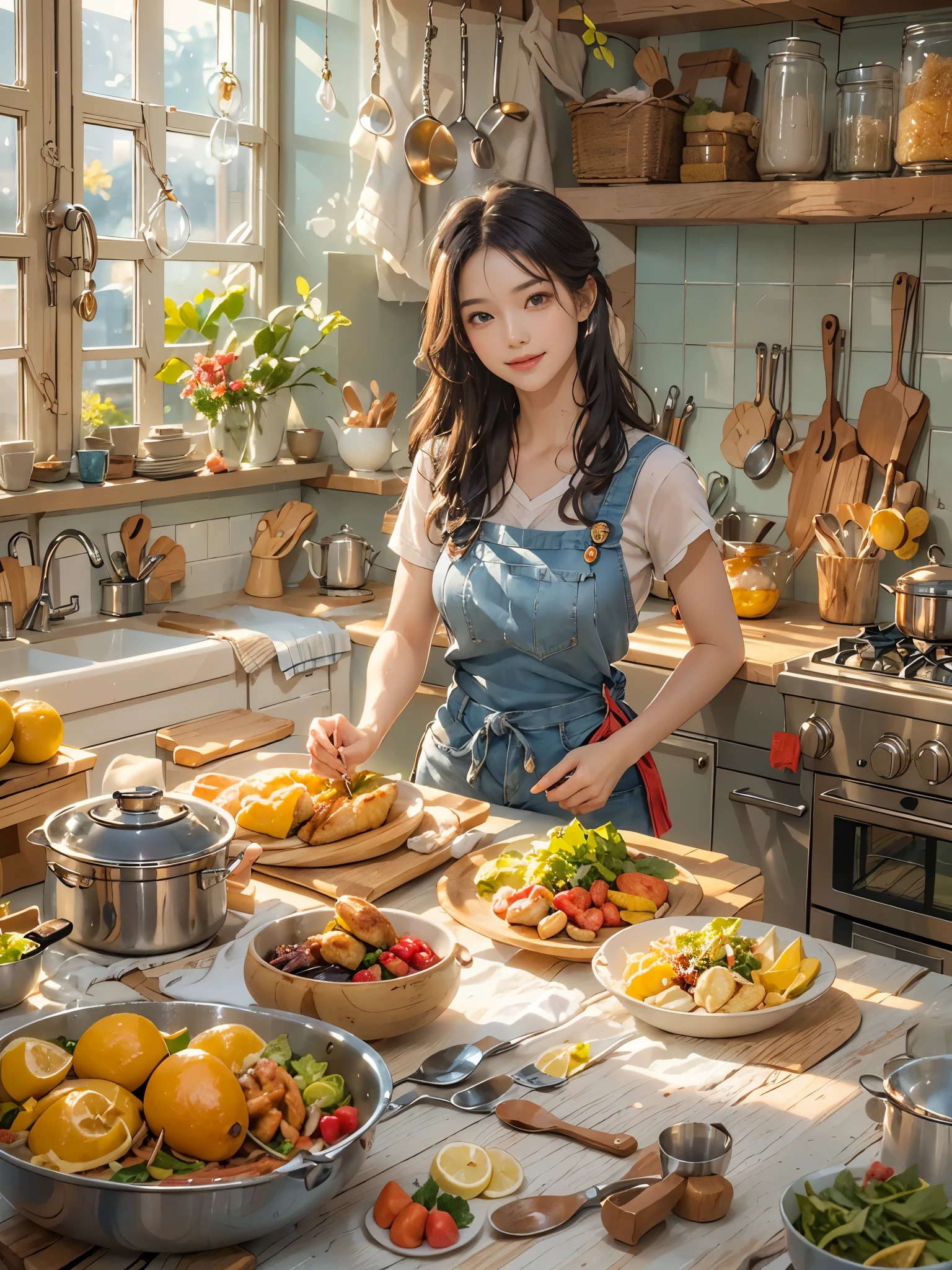 (((night, realistic light, best quality, 8k, masterpiece: 1.3)), 1girl, beautiful woman with slender figure: 1.4, abs: 1.1, (brown hair, gigantic breasts: 1.4), wet white dress: 1.3, bathroom, ultra-detailed face, detailed eyes, double eyelid, having a breakfast at the kitchen table with a beautiful fairy, a squirrel boy, a toasted man, beautiful girls and an old chicken.