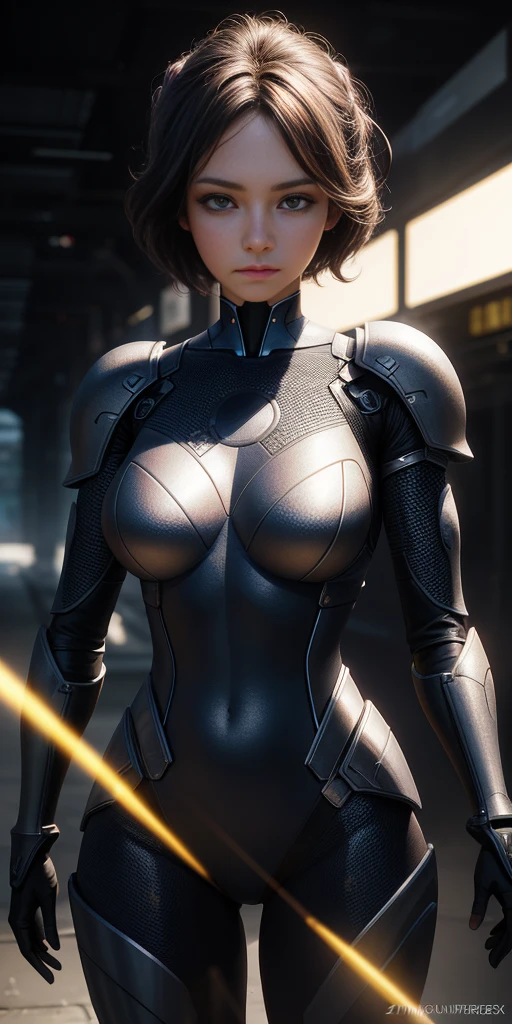 full shot body photo of busty android woman, masterpiece, (photorealistic:1.4), best quality, beautiful lighting , braided hairstyle, ray tracing, synthwave colors, (very detailed background, detailed complex busy background : 0.8)