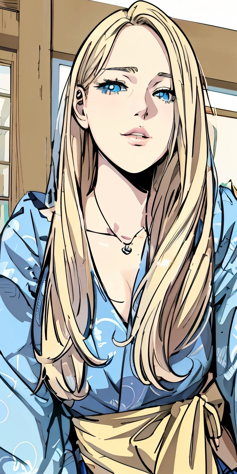 anime girl with long blonde hair and blue dress sitting in front of a window, gwen stacy, betty cooper, blonde anime girl with long hair, emma frost, high quality colored sketch, digitally colored, colored lineart, highly detailed exquisite fanart, portrait of emma frost, art in the style of terry moore, sui ishida art manga, marin kitagawa fanart